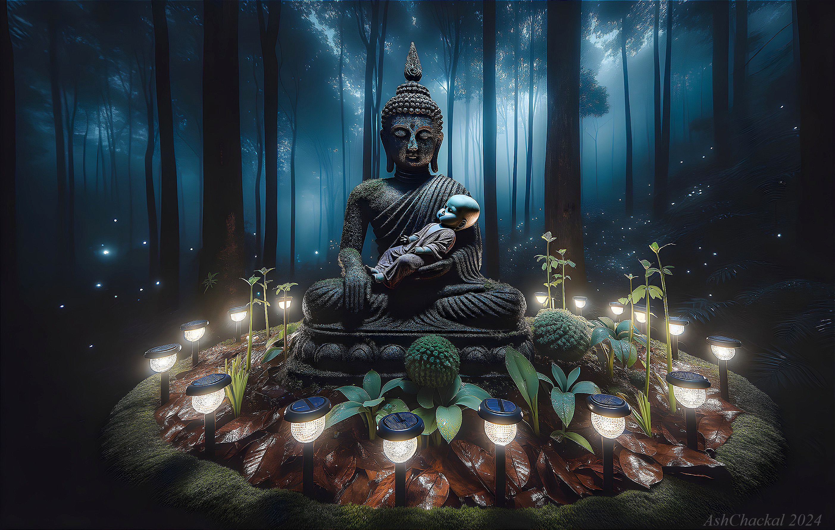 Buddha Statue Surrounded by Lanterns in Forest Setting