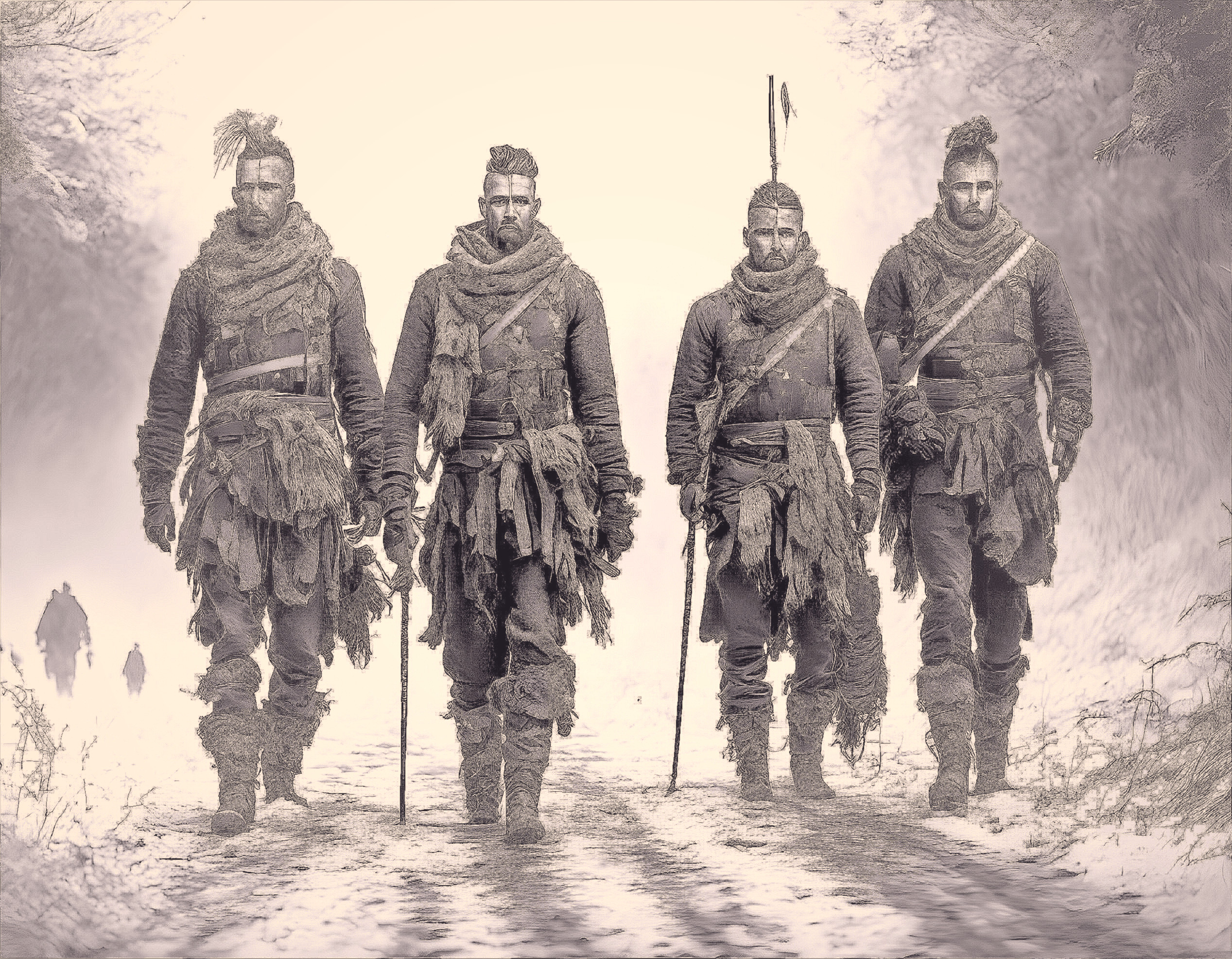 Three individuals in historical or fantasy attire walking in snowy landscape