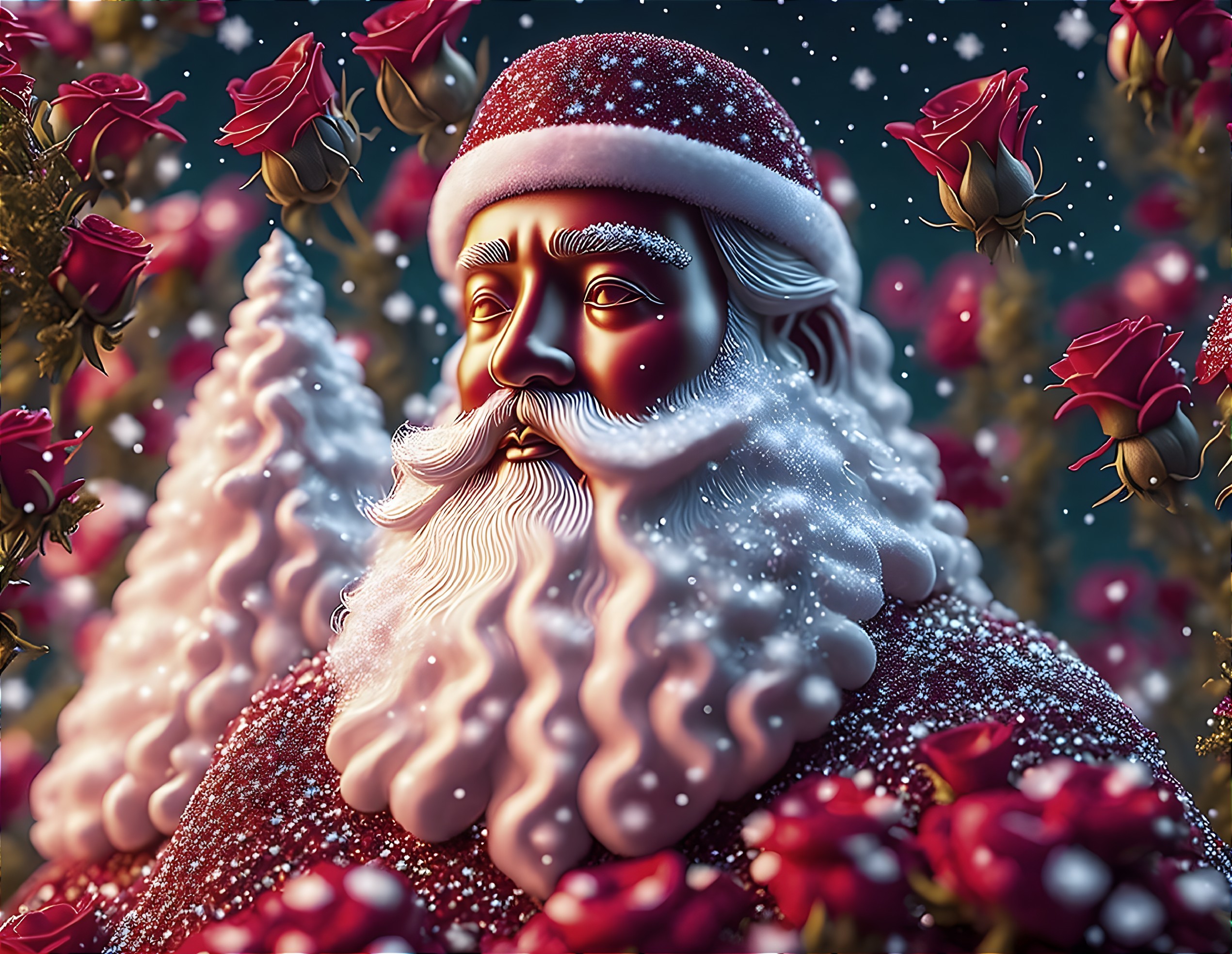 Santa Claus illustration with snowy beard, red roses, and snowflakes