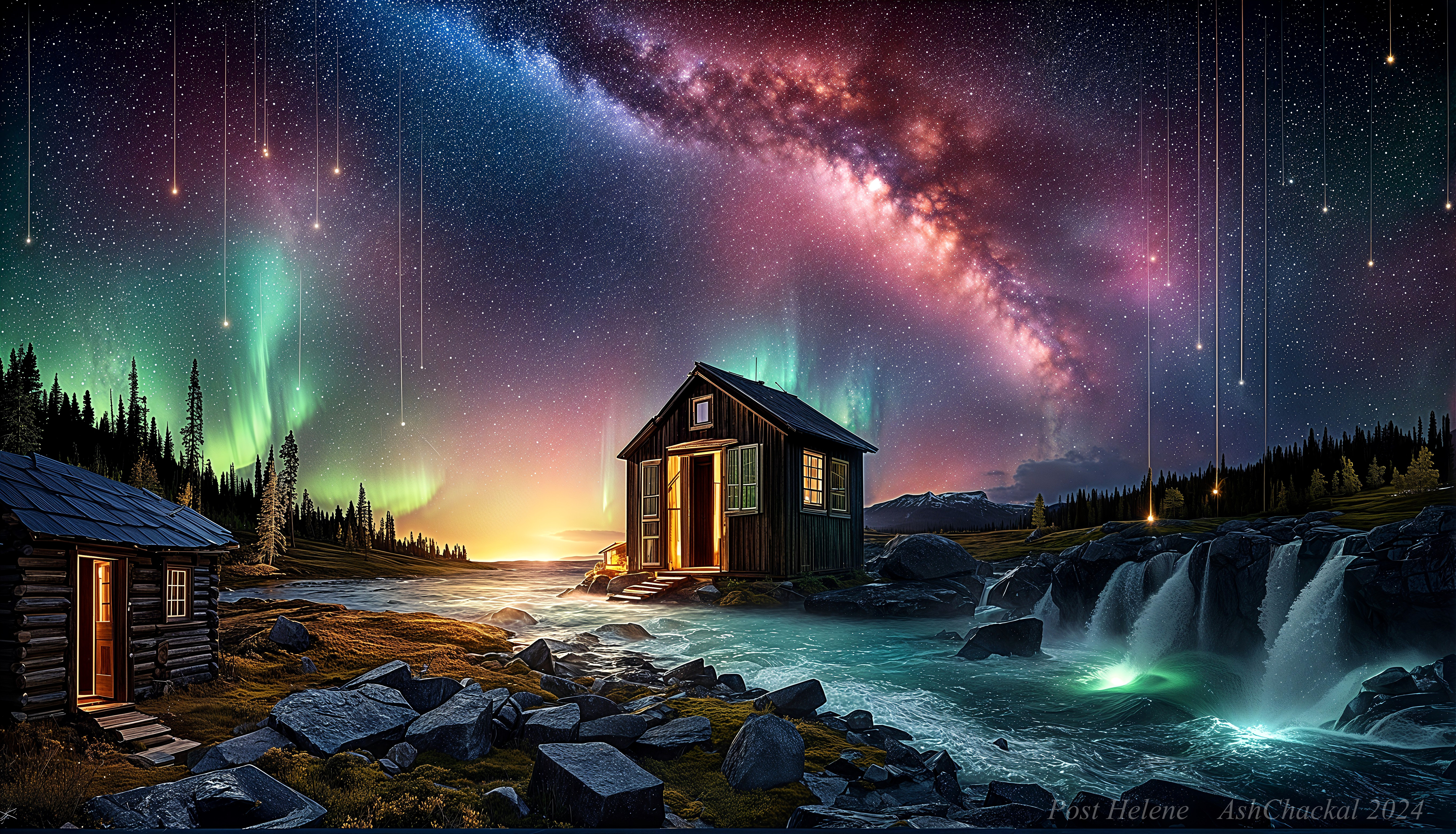 Mystical Landscape with Cabin and Aurora Night Sky