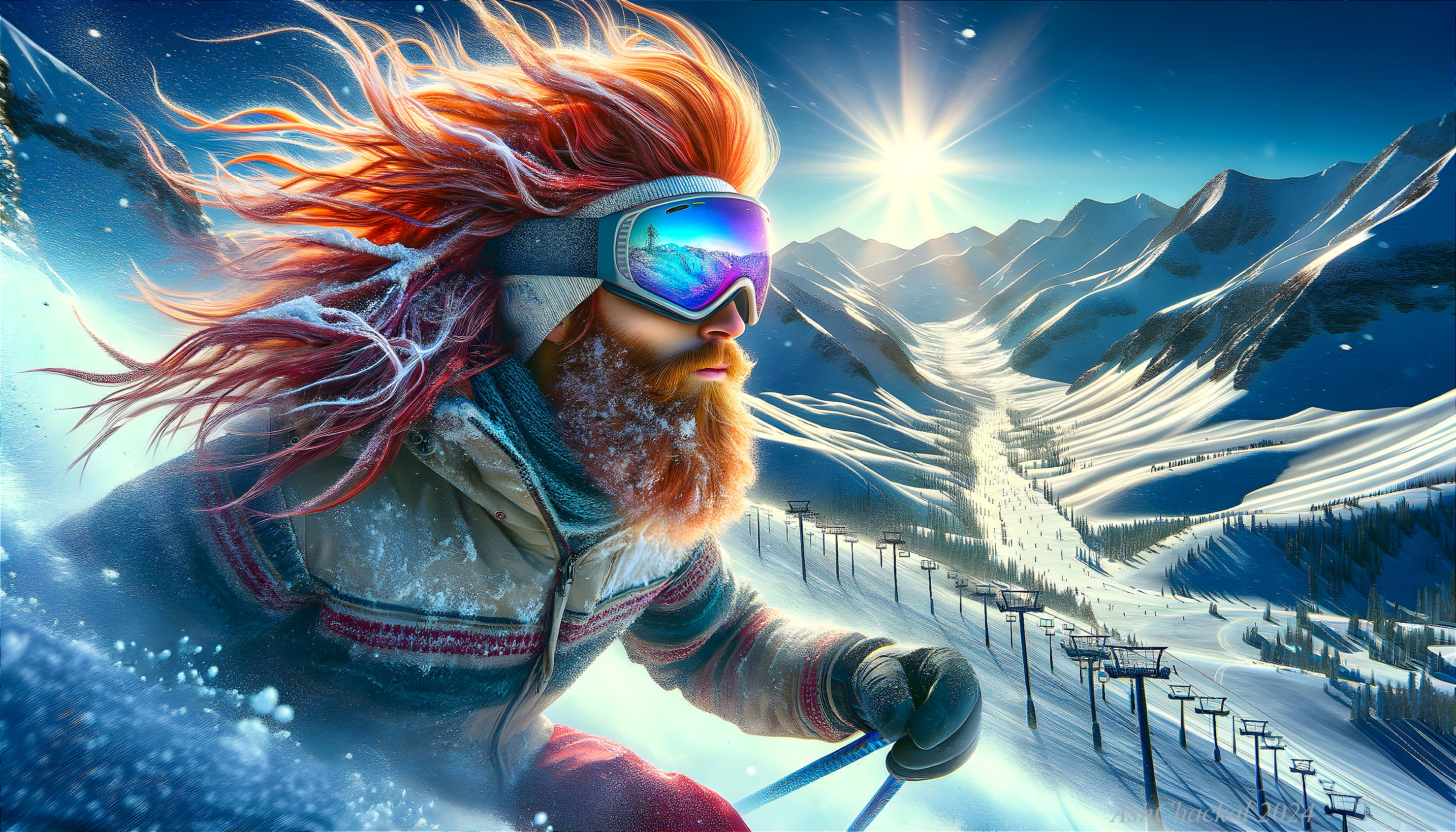 Adventurous skier on snowy slope with vibrant hair