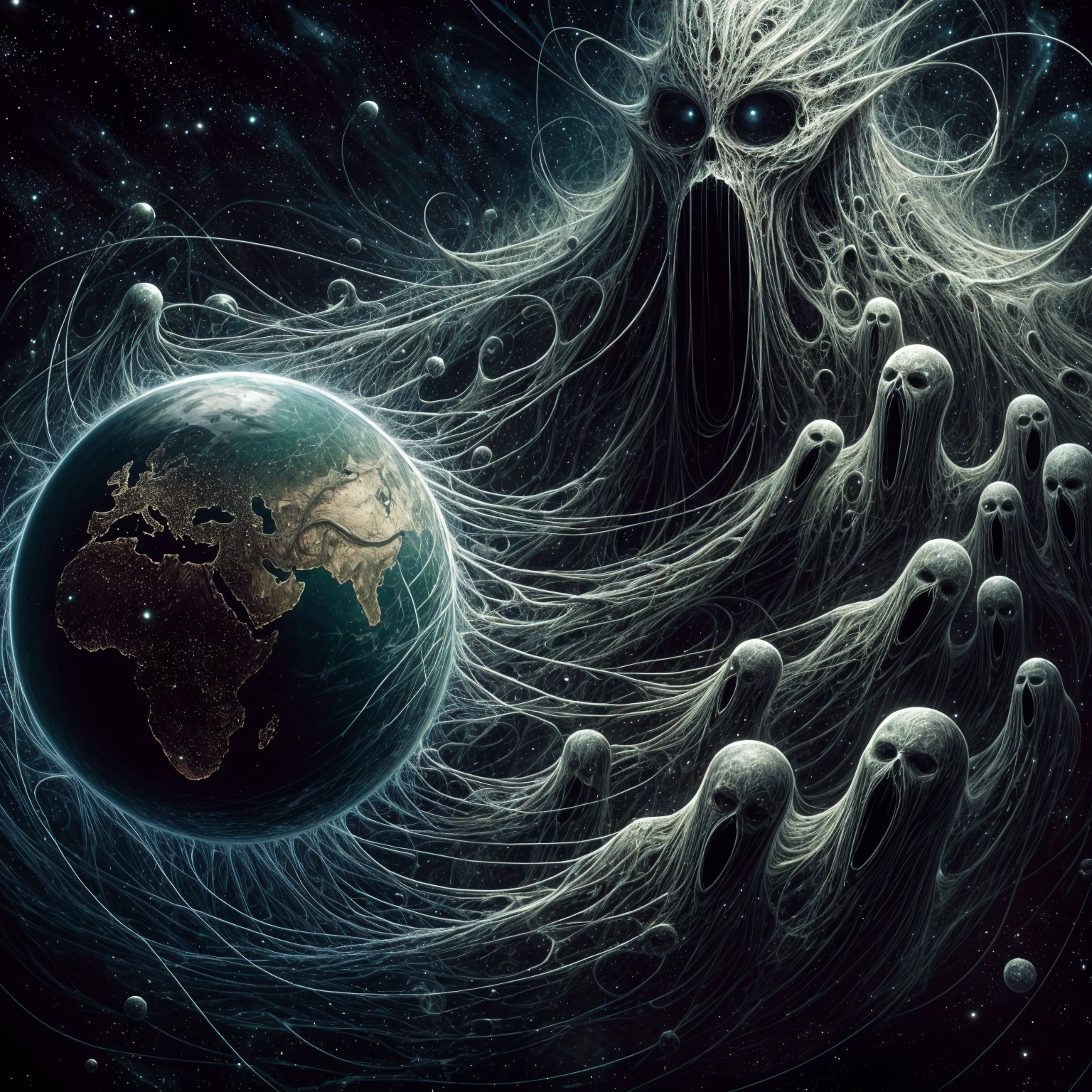 Surreal Cosmic Scene with Dark Figure Over Earth