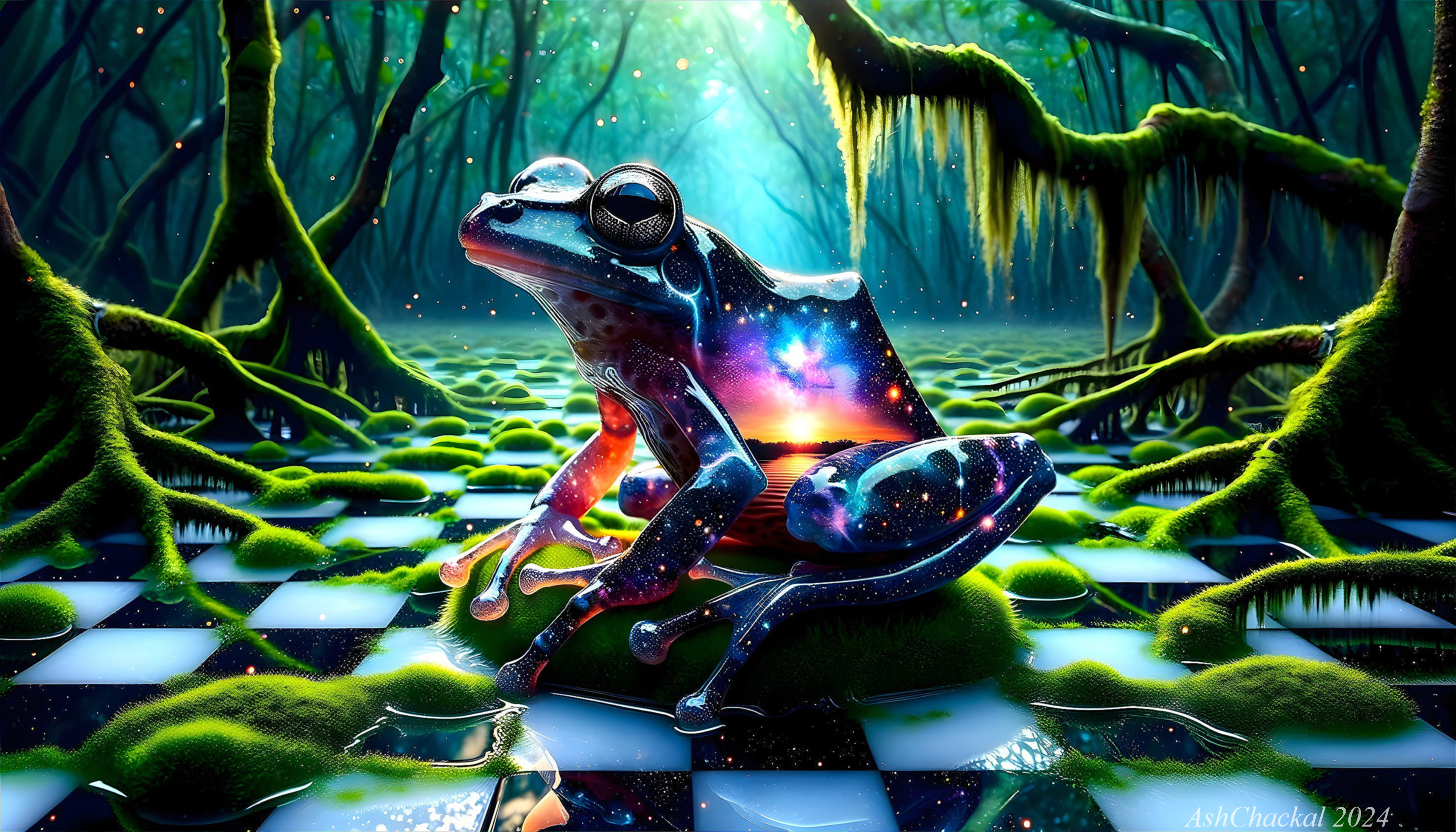 Cosmic Frog on Reflective Checkered Surface in Surreal Landscape