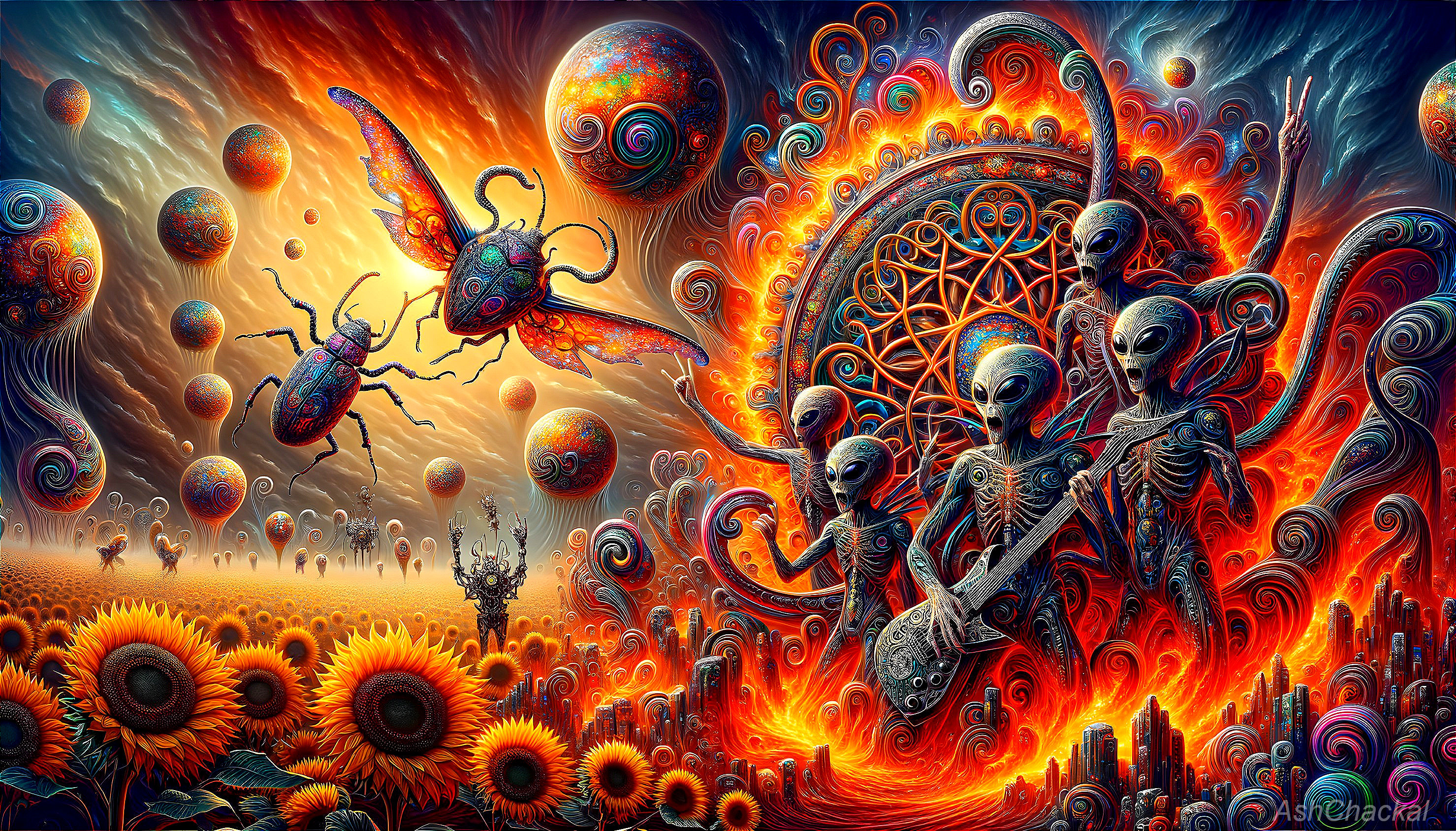 Psychedelic alien creatures in fiery landscape with sunflowers