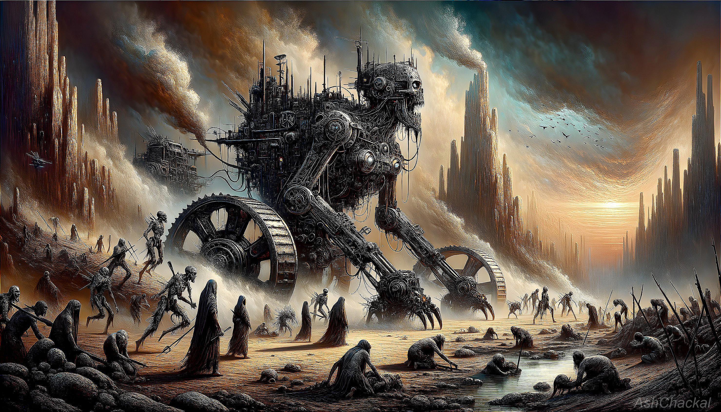 Dystopian landscape with giant mechanical structure and humanoid figures in ruins