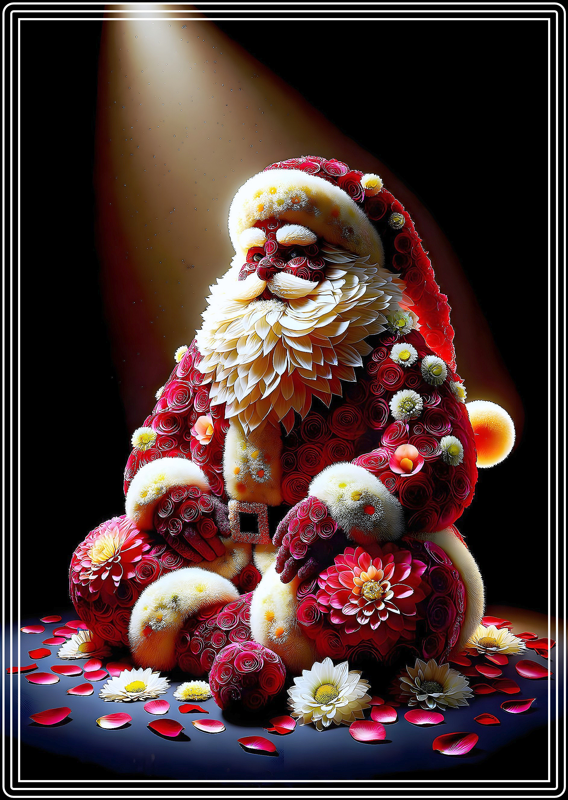 Vibrant Santa Claus portrait with floral patterns on dark background
