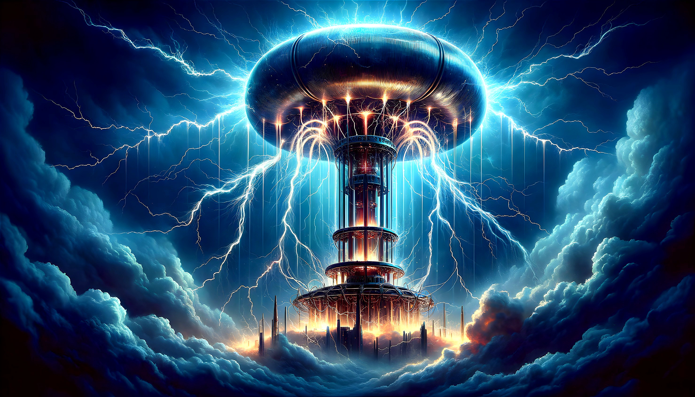 Futuristic Tesla coil tower in stormy sky with lightning bolts