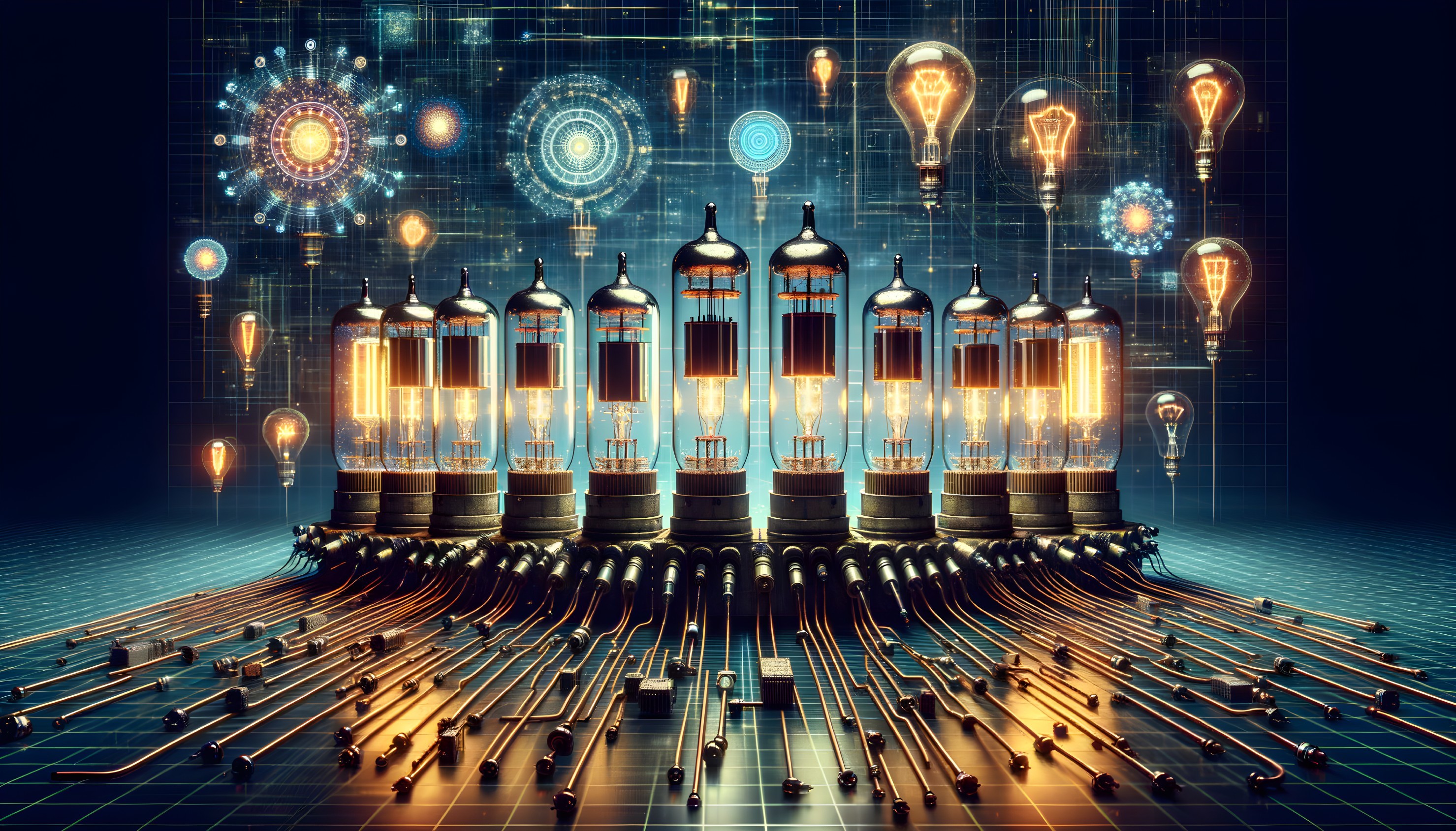 Vintage Vacuum Tubes Connected by Wires Amid Futuristic Digital Icons