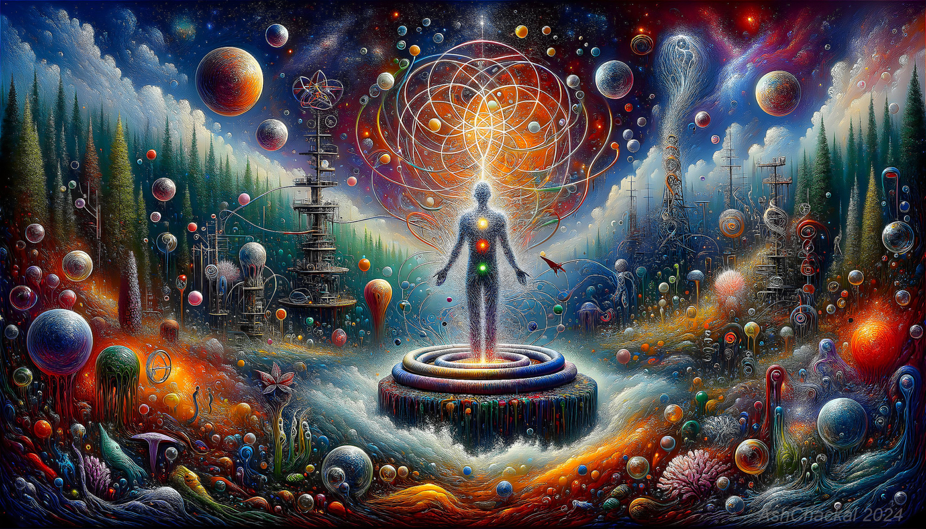 Cosmic Painting Featuring Human Silhouette and Landscapes