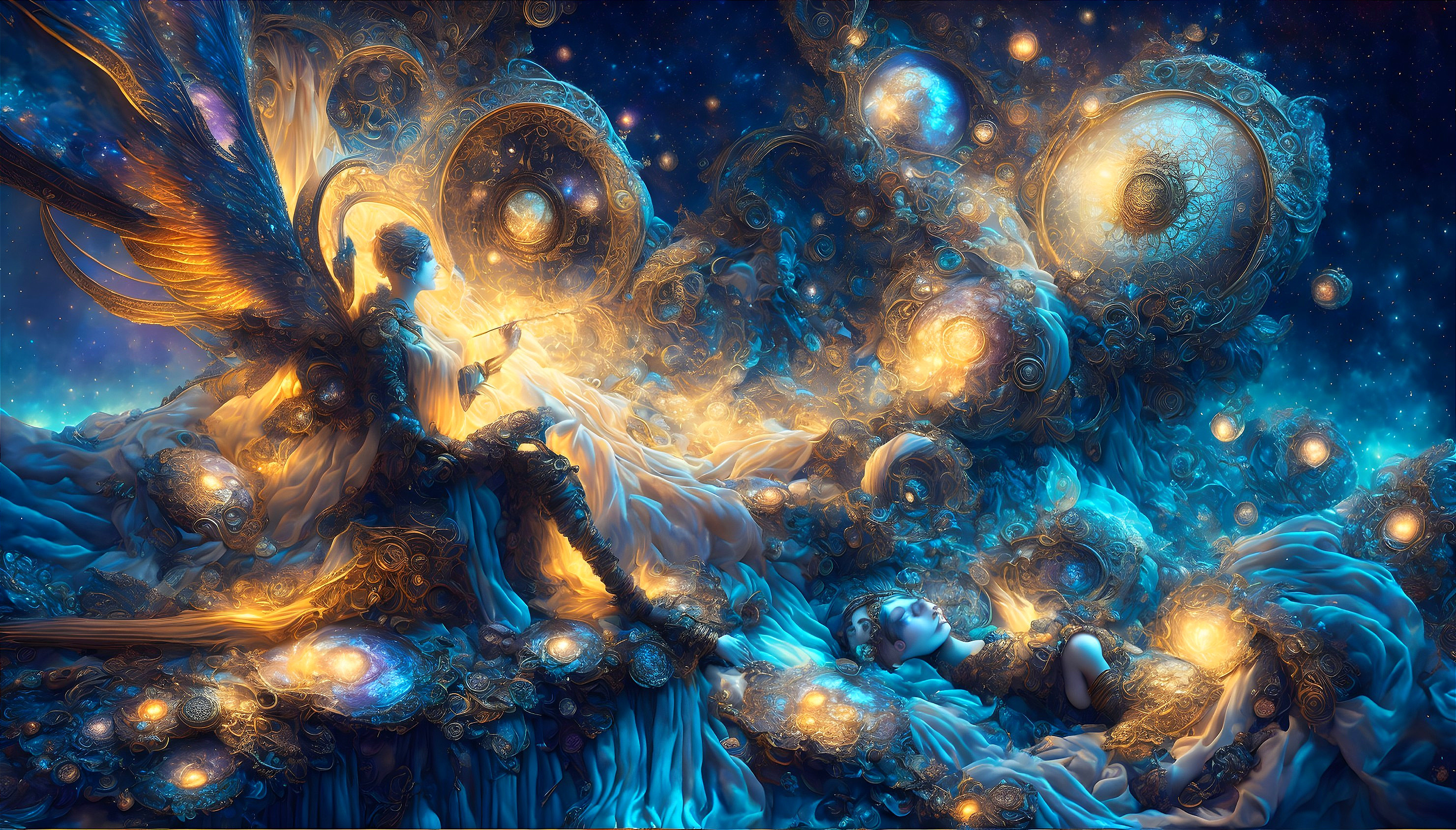 Celestial being cradling human in ethereal scene with golden wings