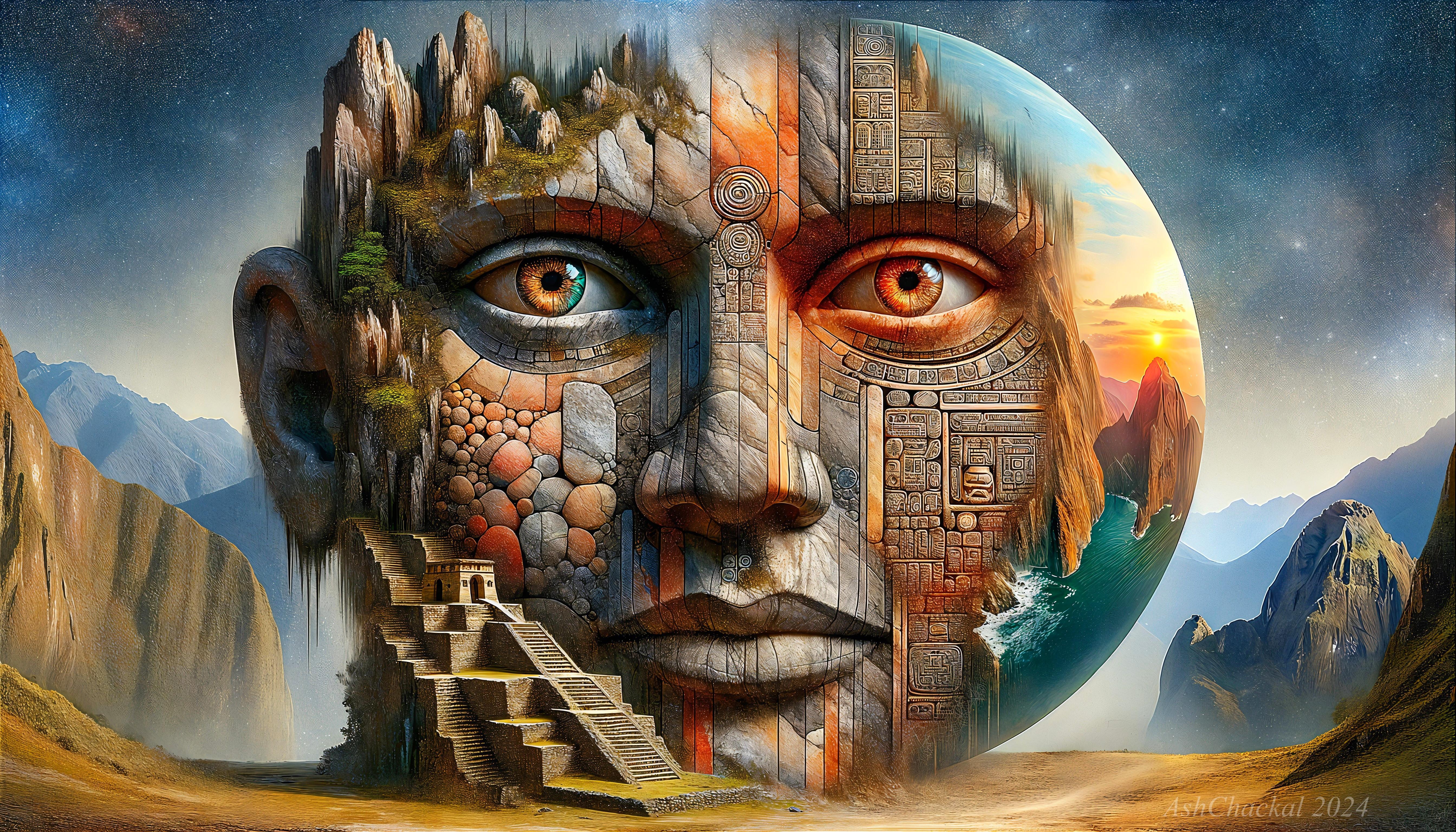 Surreal Landscape with Colossal Mountain Face and Temple