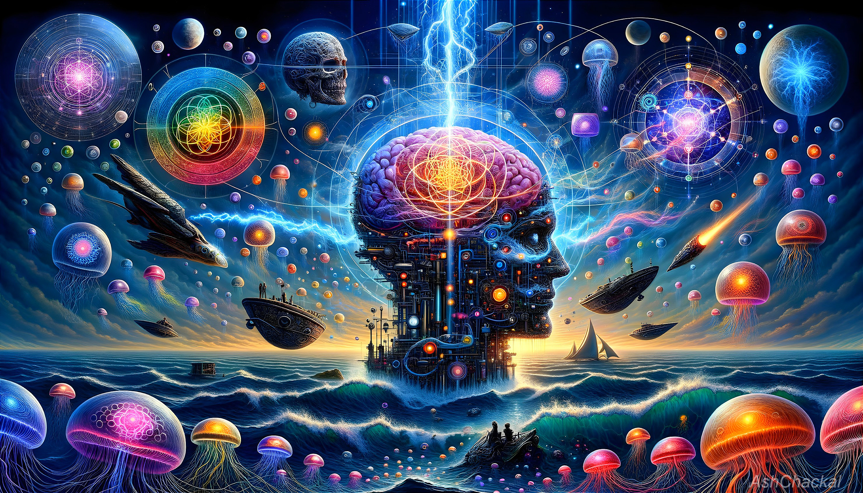 Surreal cosmic seascape with human brain and jellyfish