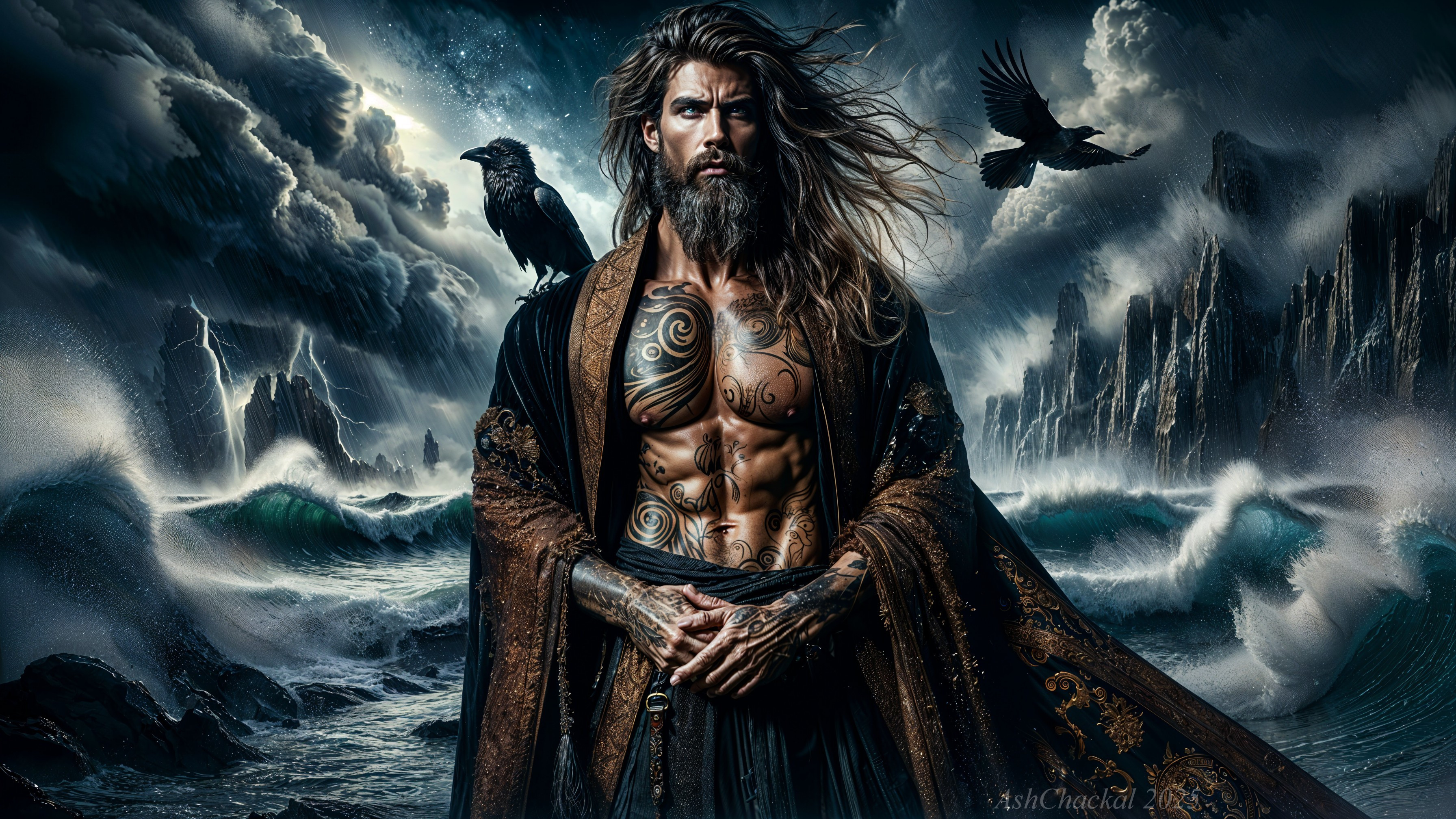 Muscular Figure in Stormy Seascape with Ravens