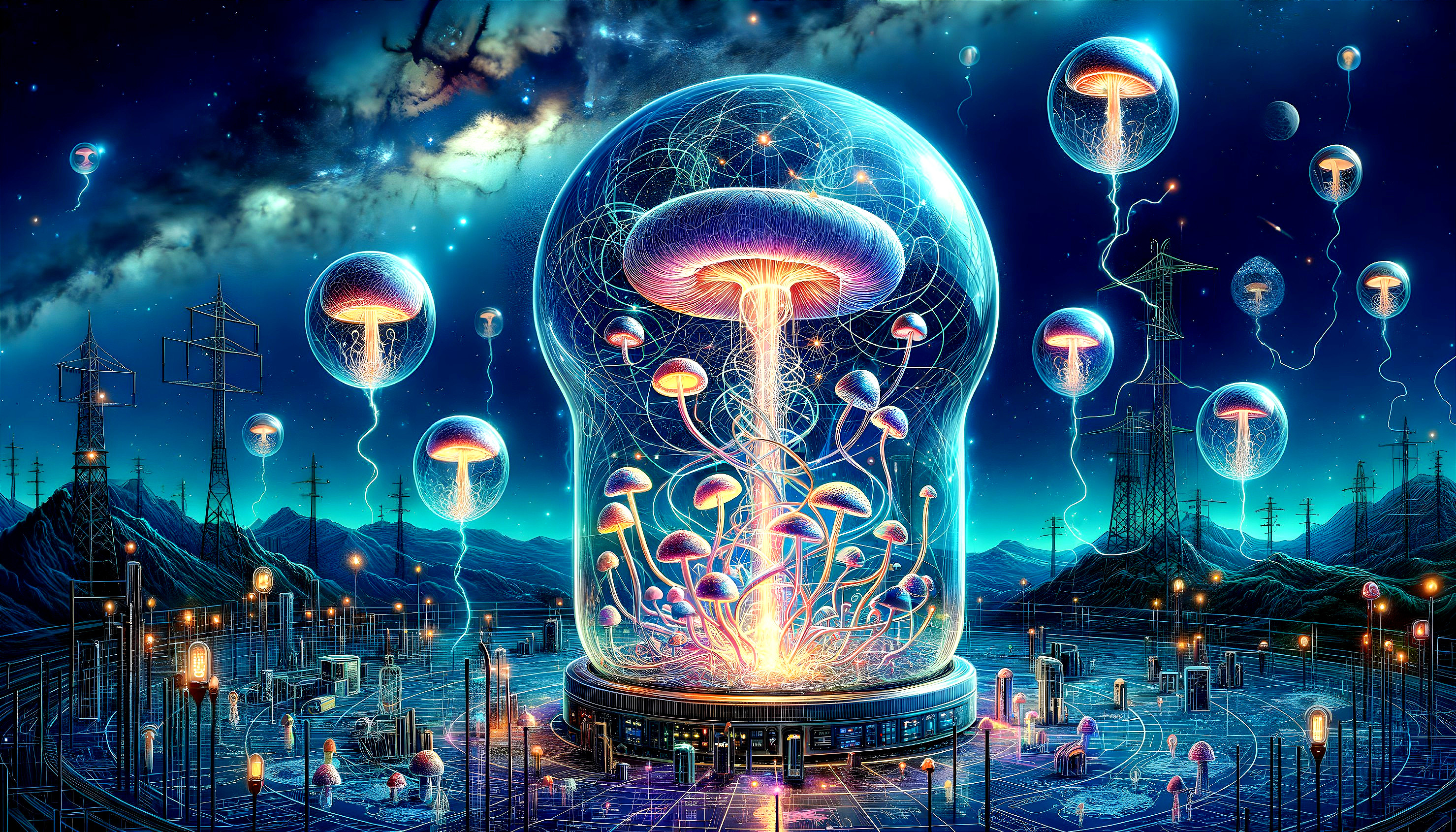 Digital art: Bioluminescent jellyfish in orbs with central dome, mountainous landscape, star