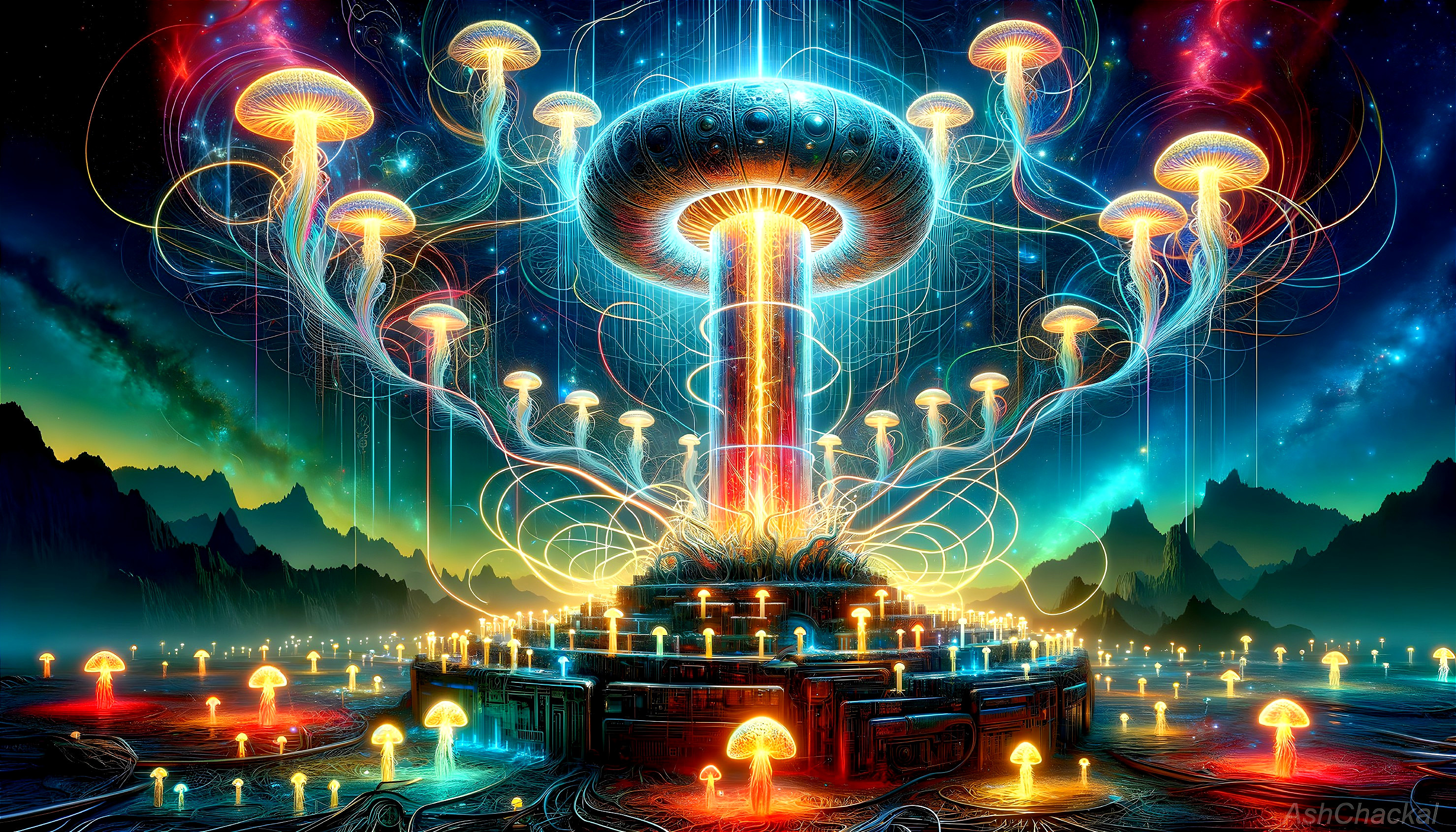 Vibrant digital art: Bioluminescent mushrooms and futuristic structure in mountain scene
