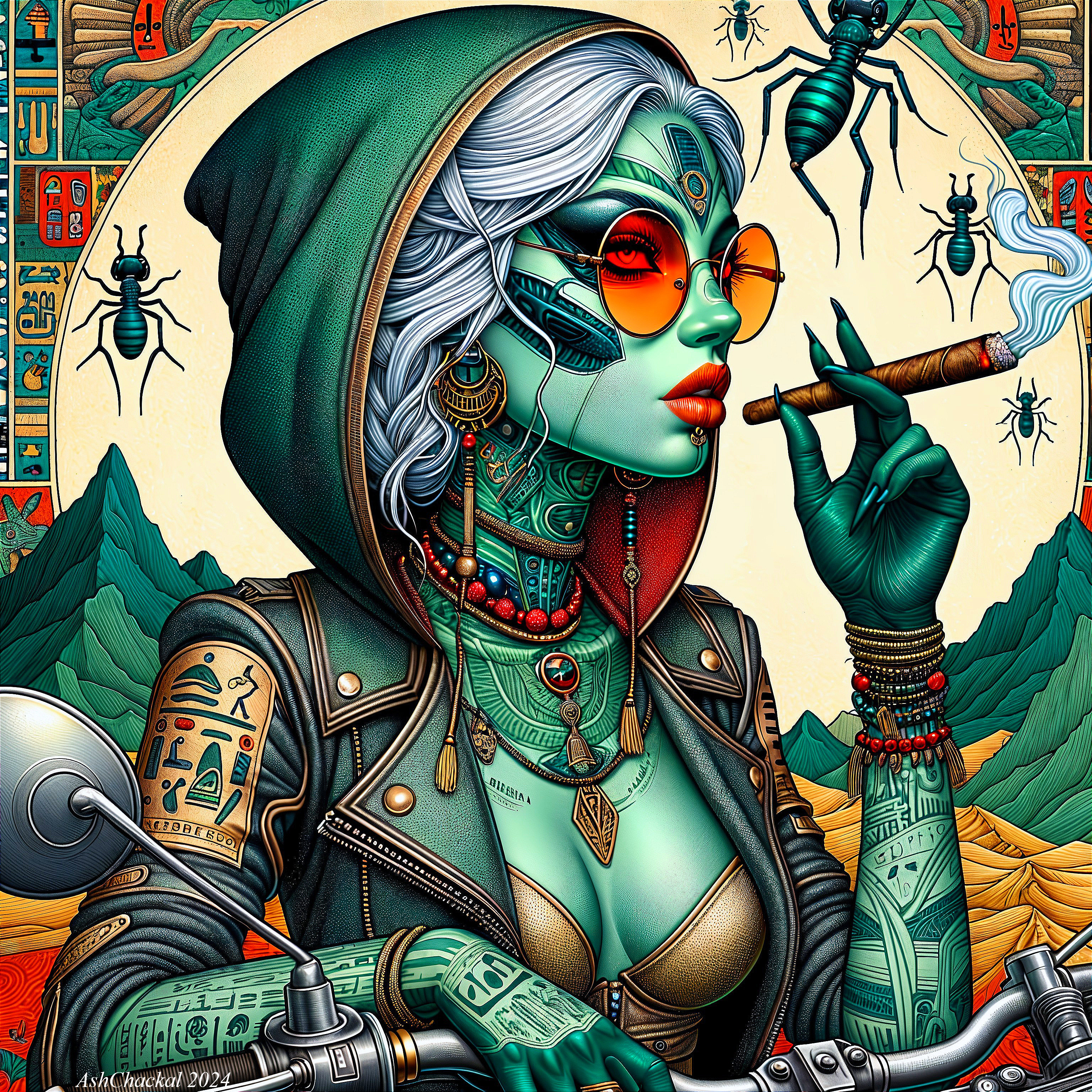 Female Figure with Green Skin and Intricate Tattoos