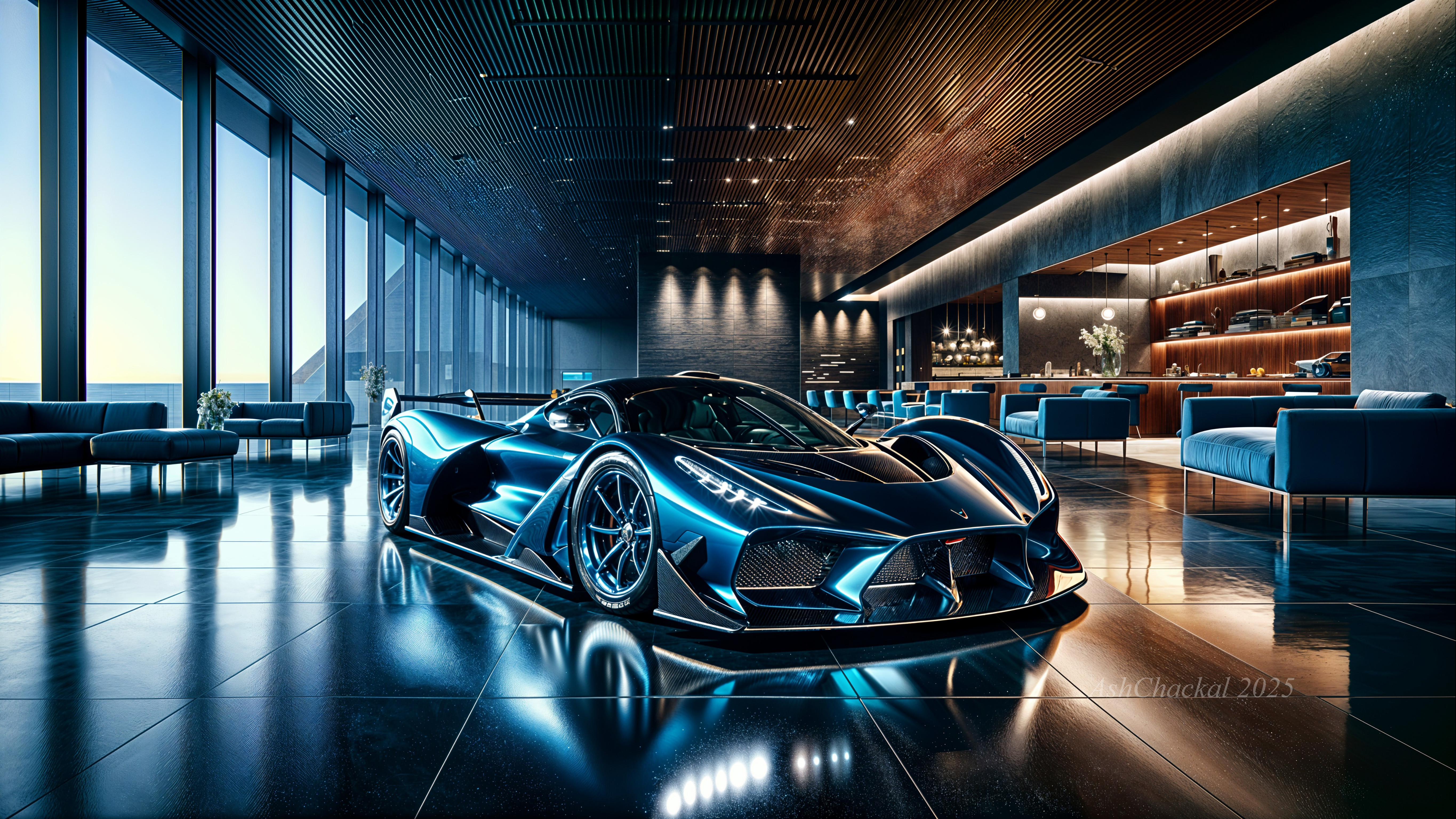 Blue Hypercar Displayed in Luxurious Modern Lounge