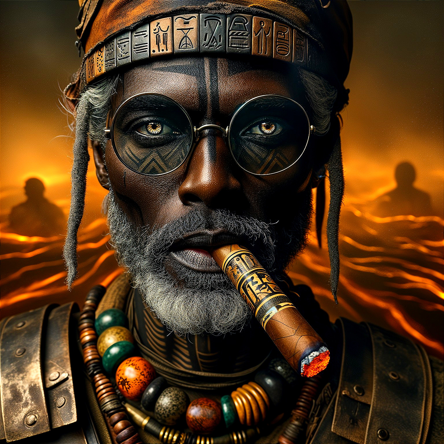 Elderly Man Portrait with Tribal Markings and Cigar