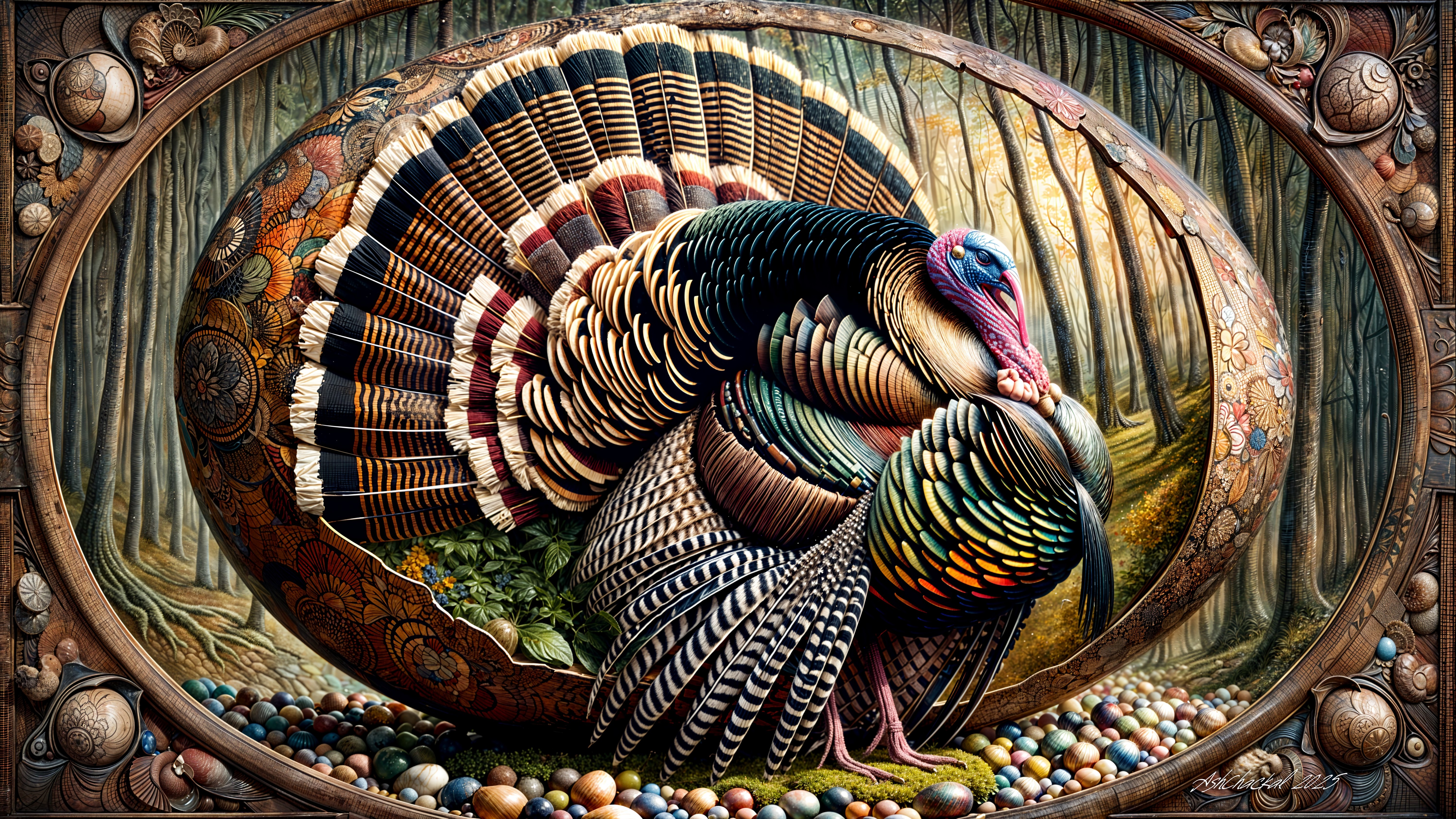 Detailed Turkey on Ornate Egg in Serene Forest Scene