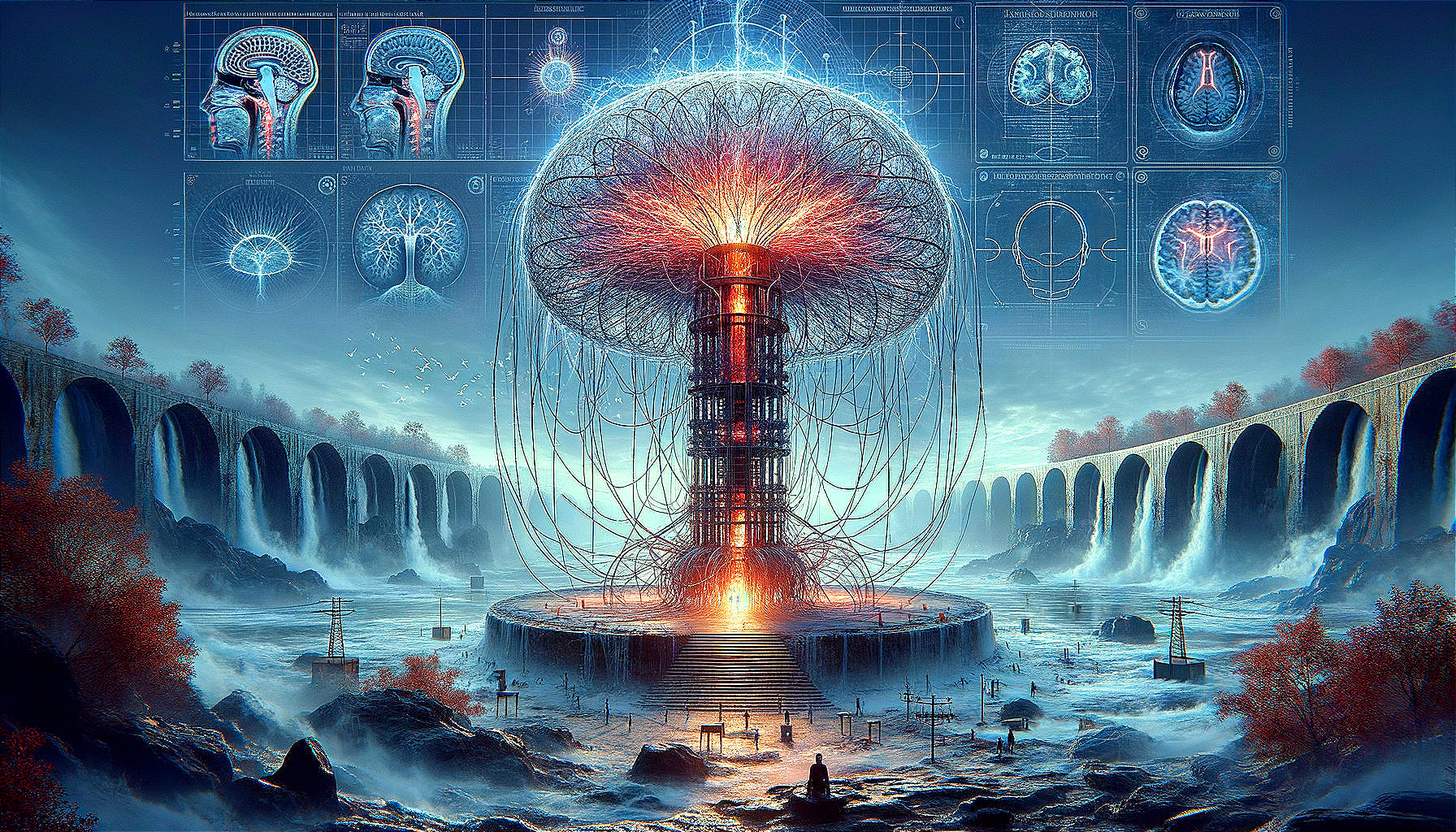 Intricate sci-fi tree structure with glowing top and holographic displays.