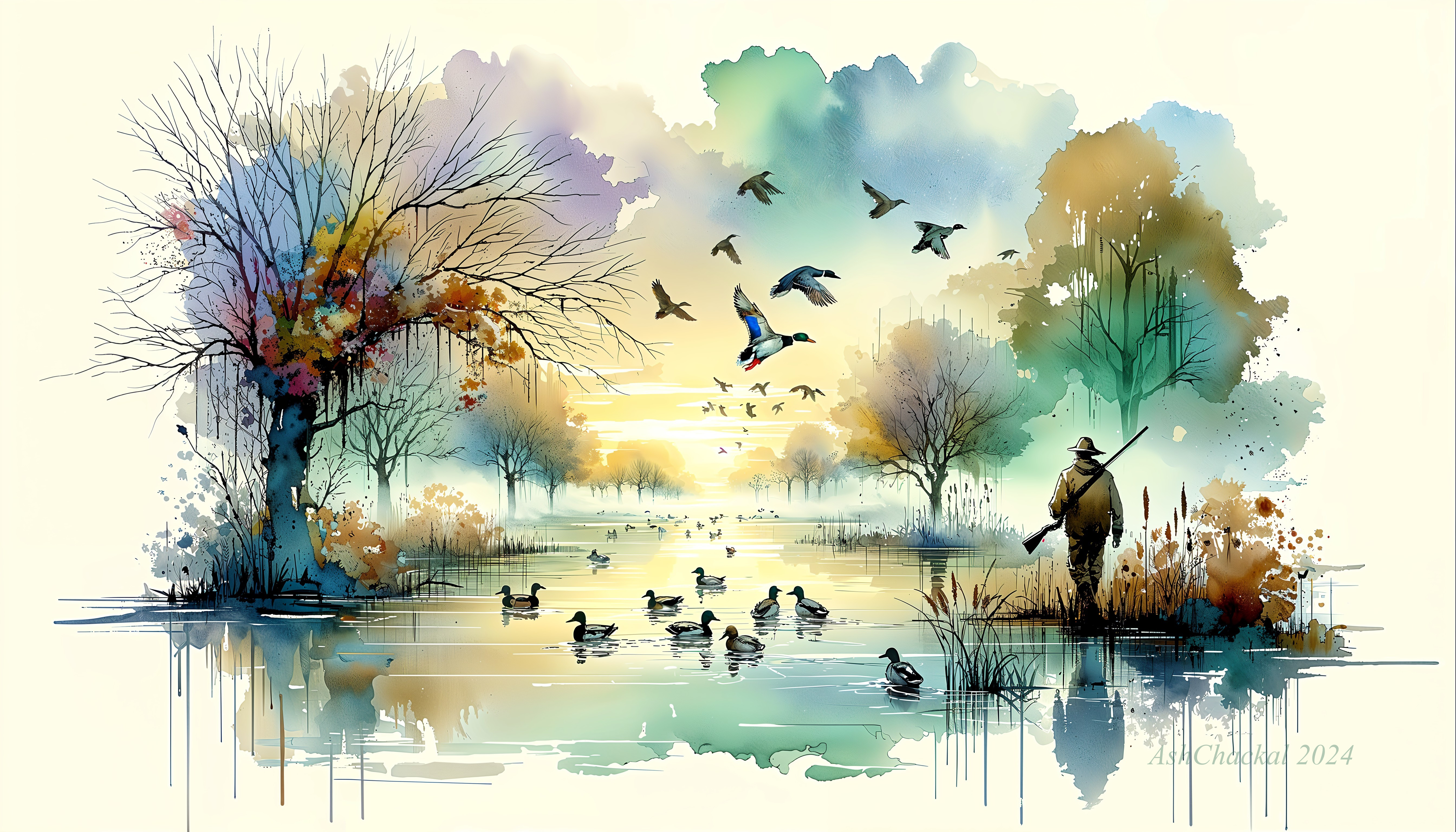 Tranquil Waterway Landscape in Autumn Watercolor