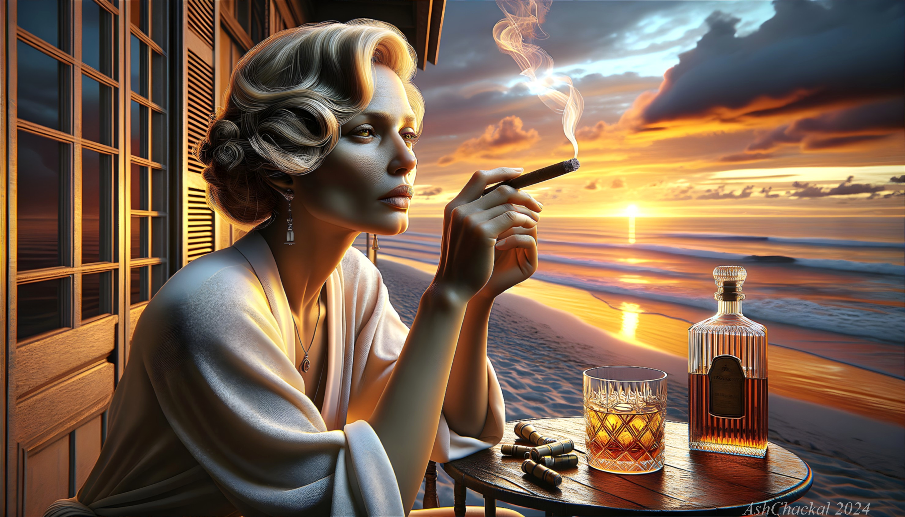 Sophisticated Woman Enjoys Sunset on Beachside Terrace