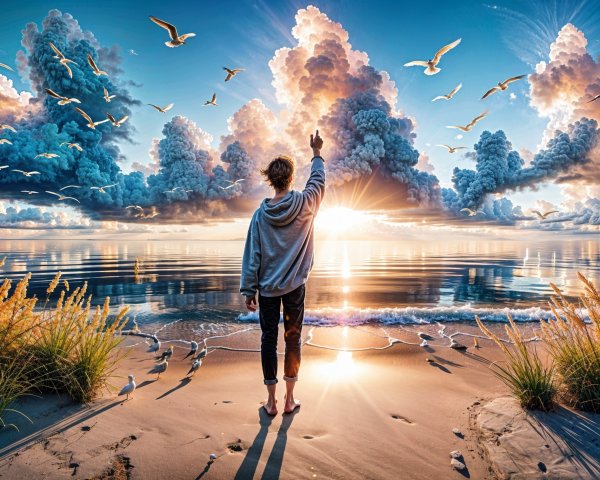 Serene Beach Scene with Sunset and Seagulls