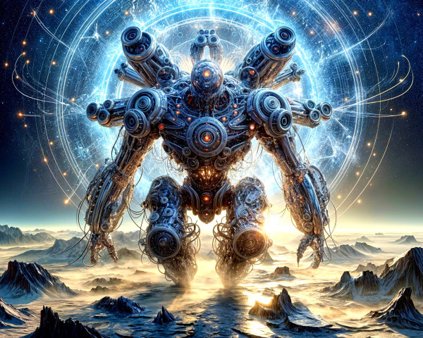 Futuristic Robot in Cosmic Alien Landscape