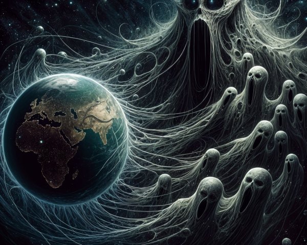 Surreal Cosmic Scene with Dark Figure Over Earth