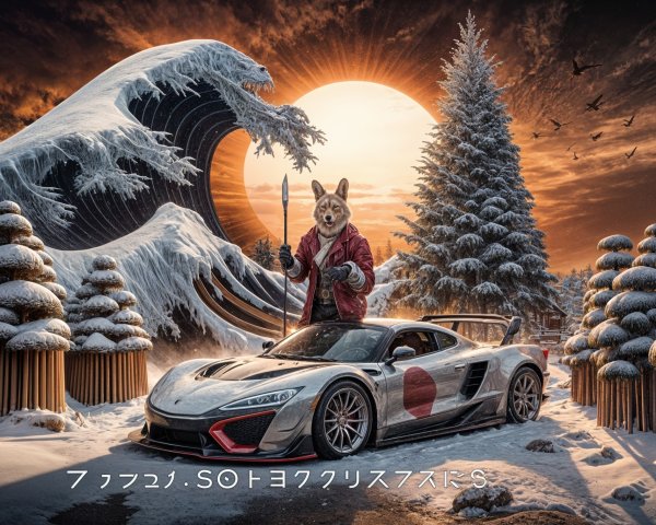 Futuristic Sports Car in Winter Landscape with Rabbit Figure