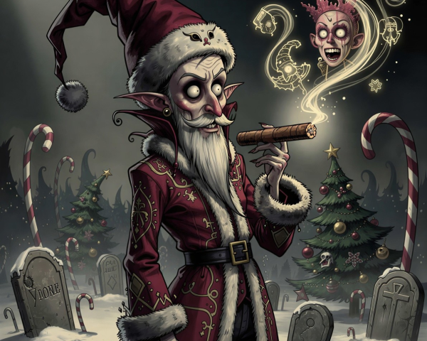 Gothic Illustration of Undead Santa Claus in Cemetery