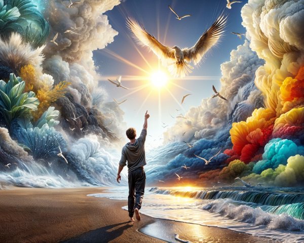 Surreal Beach Scene with Sun, Clouds, and Eagles