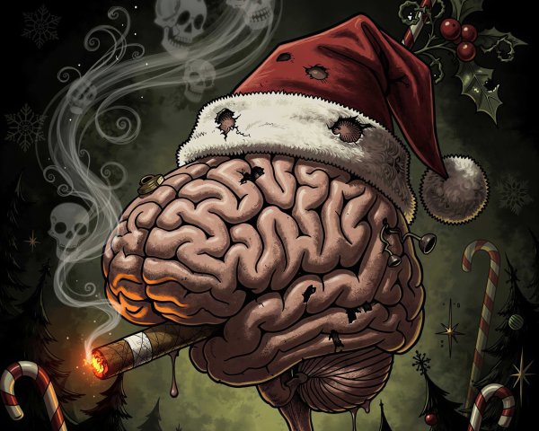 Brain in Tattered Santa Hat with Smoky Background