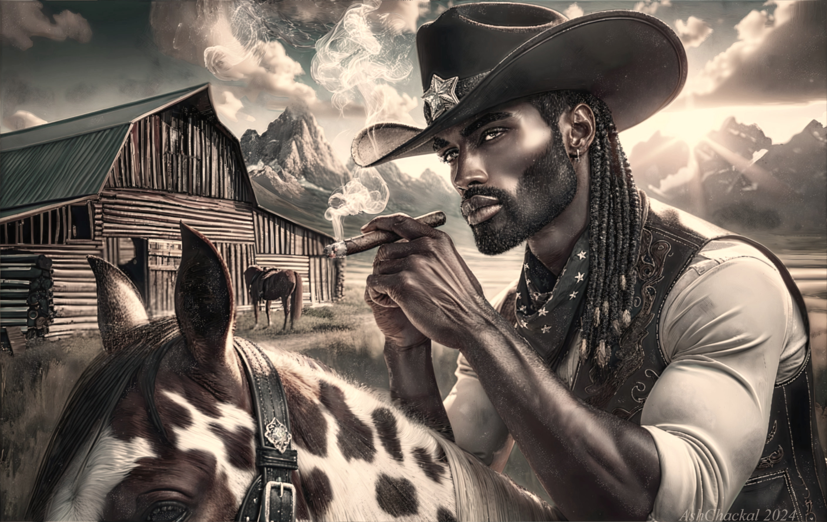 Cowboy with Horse in Rustic Wild West Landscape