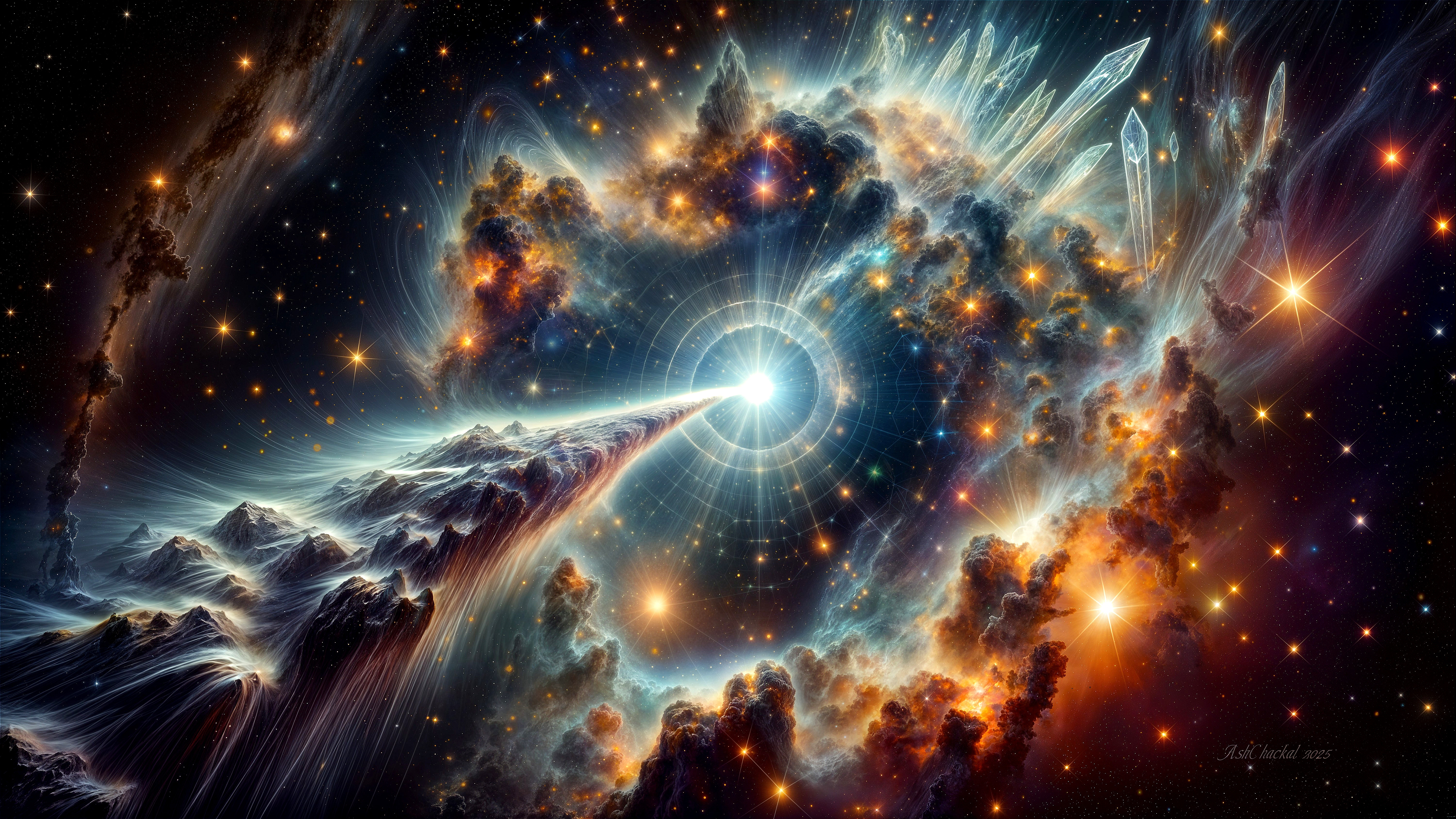 Cosmic Scene with Colorful Gas Clouds and Stars