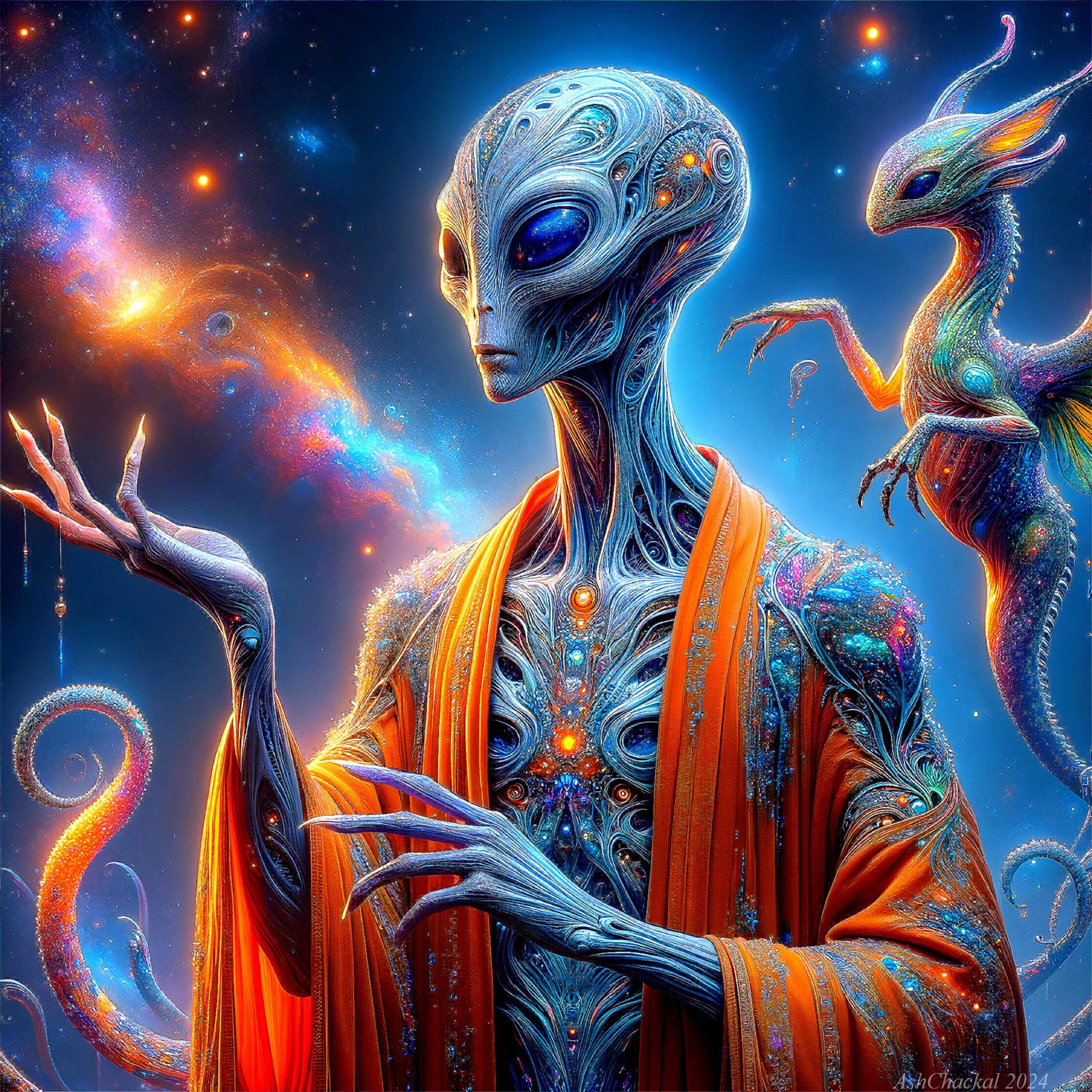 Alien Figure in Cosmic Setting with Dragon-like Creature