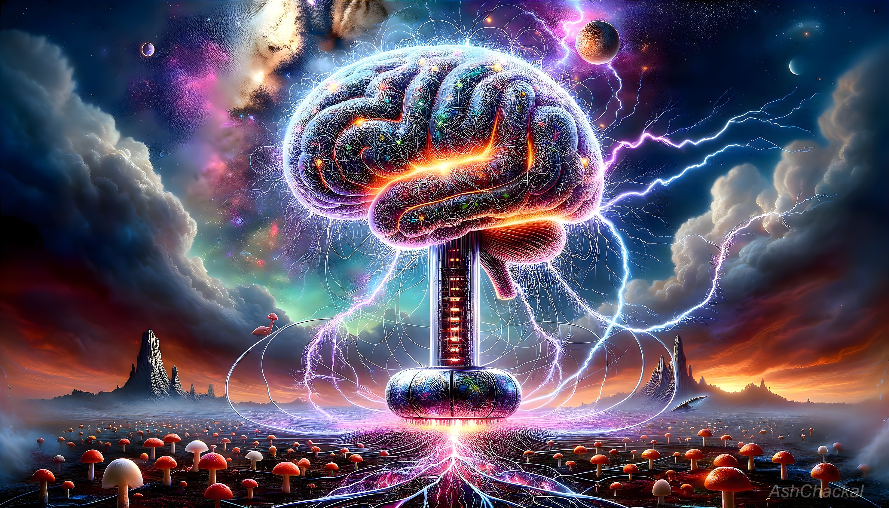 Colorful digital artwork: Glowing brain, Tesla coil, mushrooms, lightning
