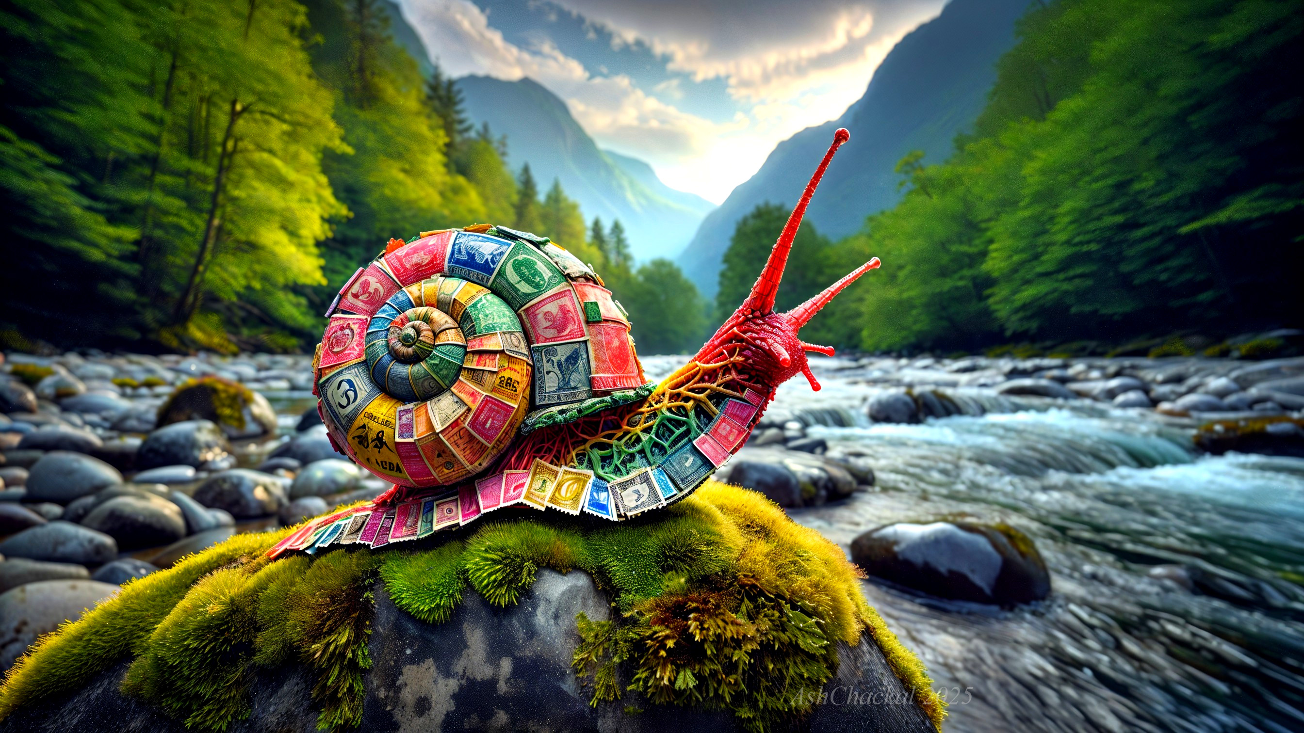 Colorful Snail on Mossy Rock by Serene River