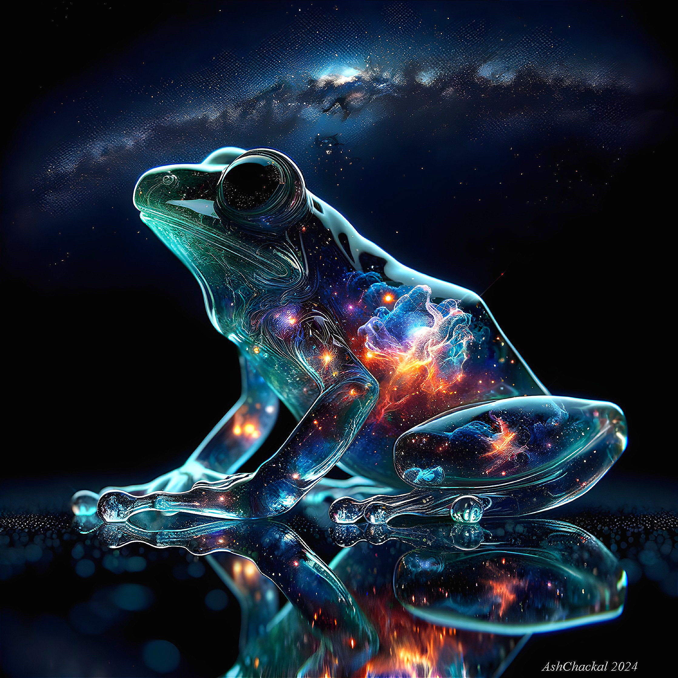 Translucent Frog with Cosmic Imagery in Galaxy Backdrop