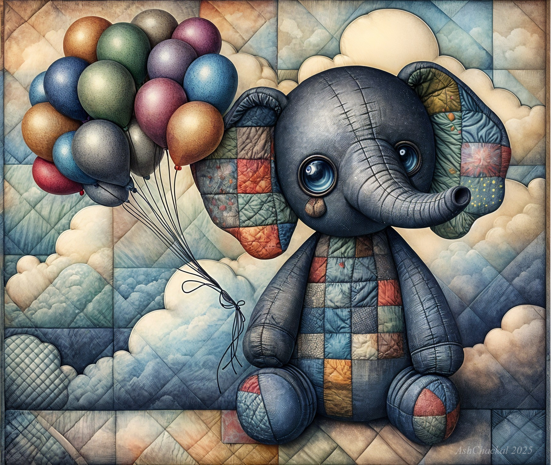 Patchwork Elephant Character with Colorful Balloons