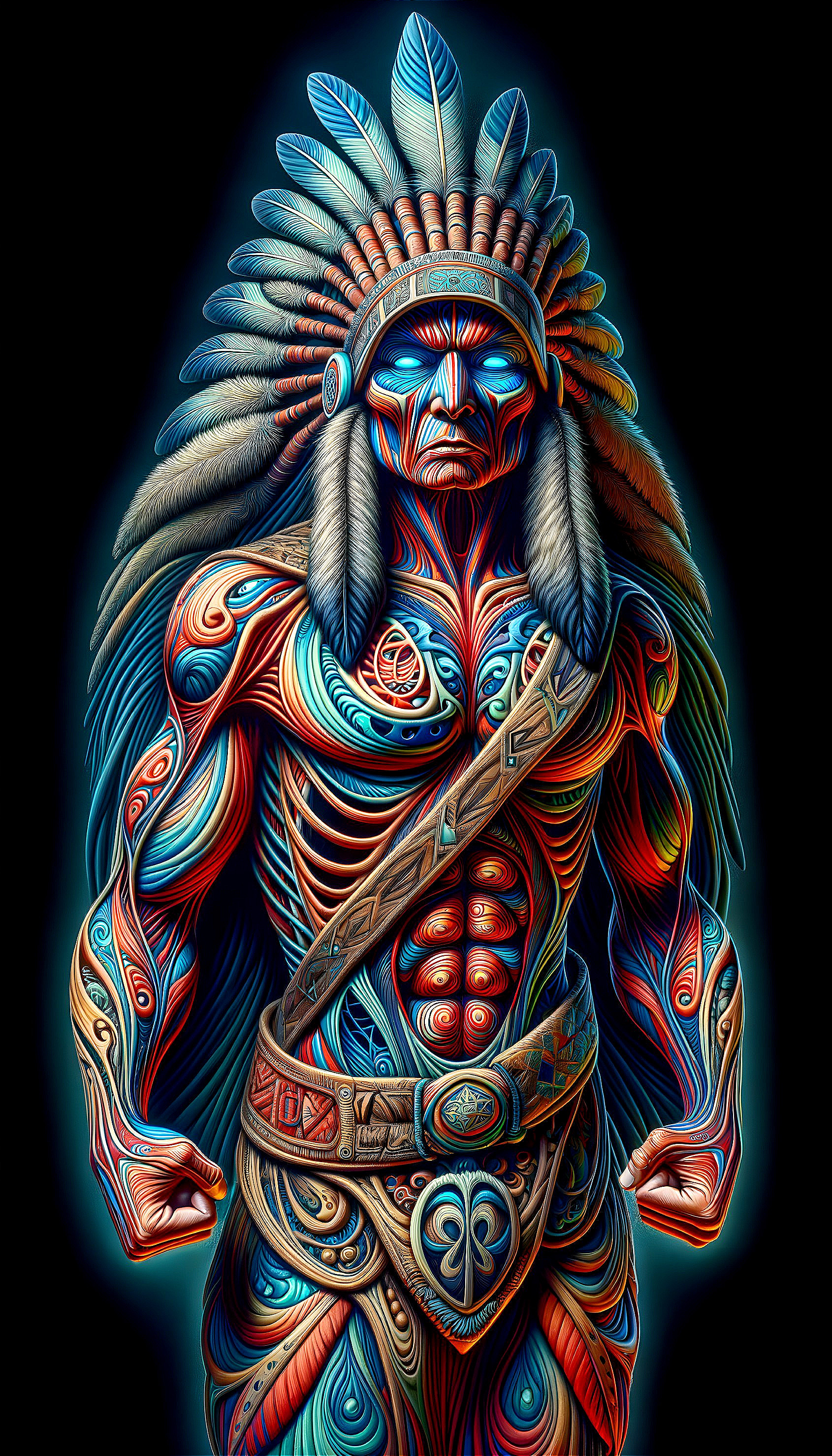 Detailed Native American chief illustration with intricate patterns and feather headdress.