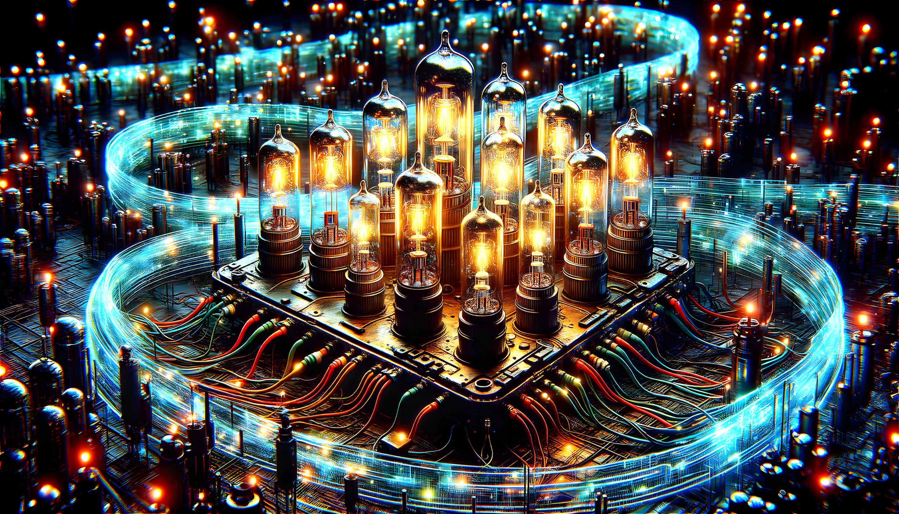 Vacuum tube circuit board with glowing traces in cityscape.