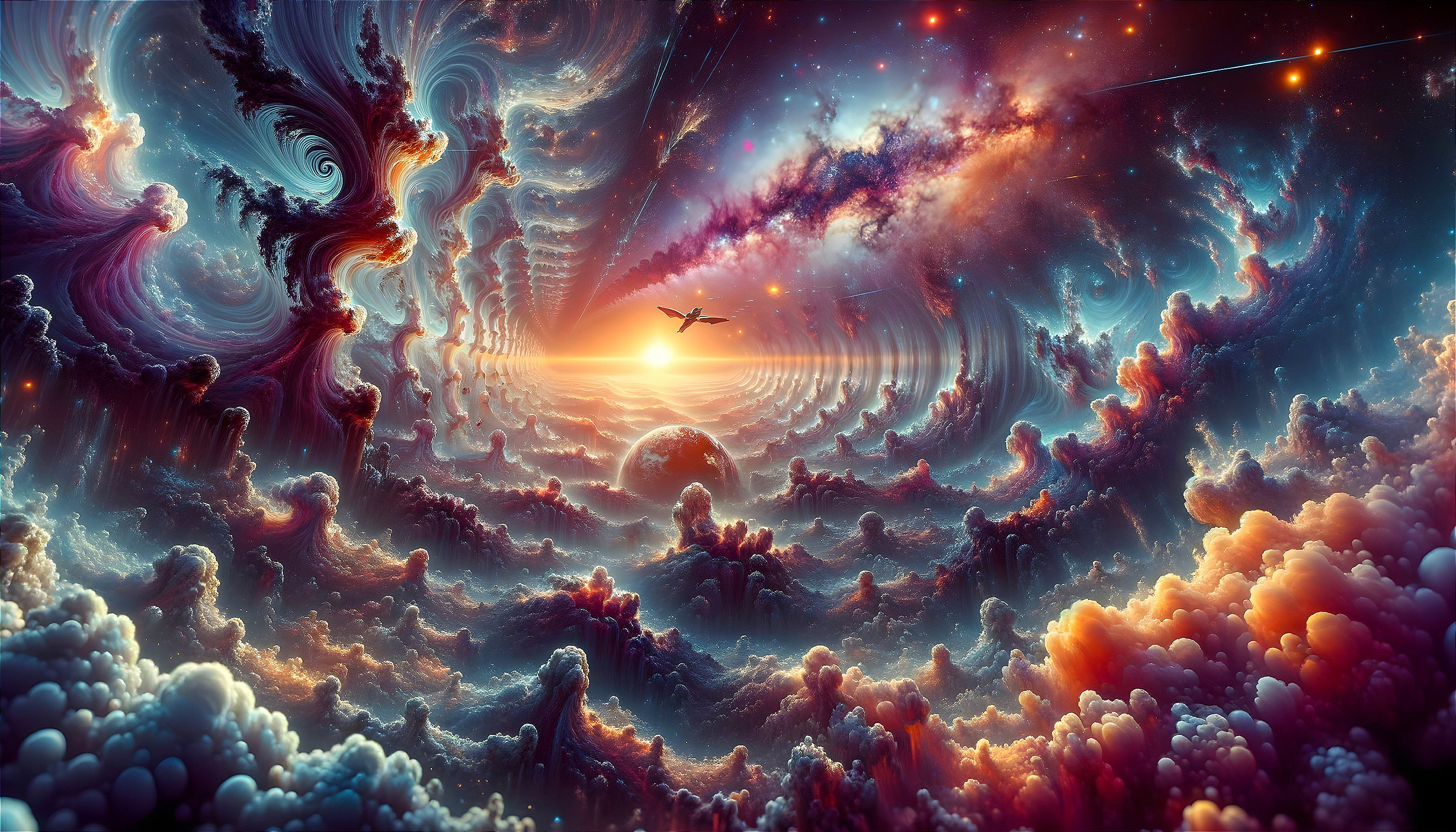 Vibrant cosmic scene with swirling clouds and bird silhouette