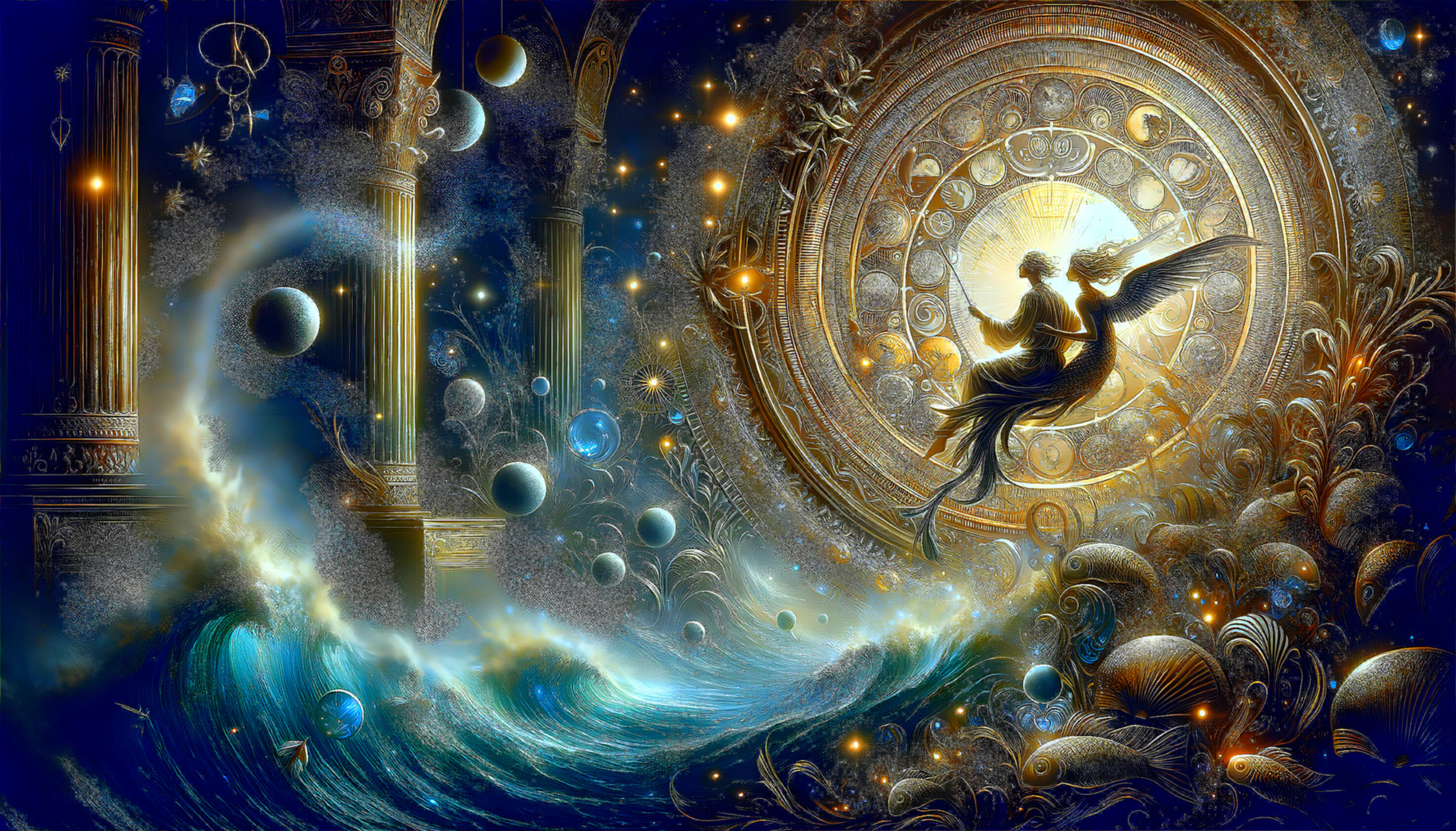 Cosmic Scene with Angelic Figure and Clockwork Structure