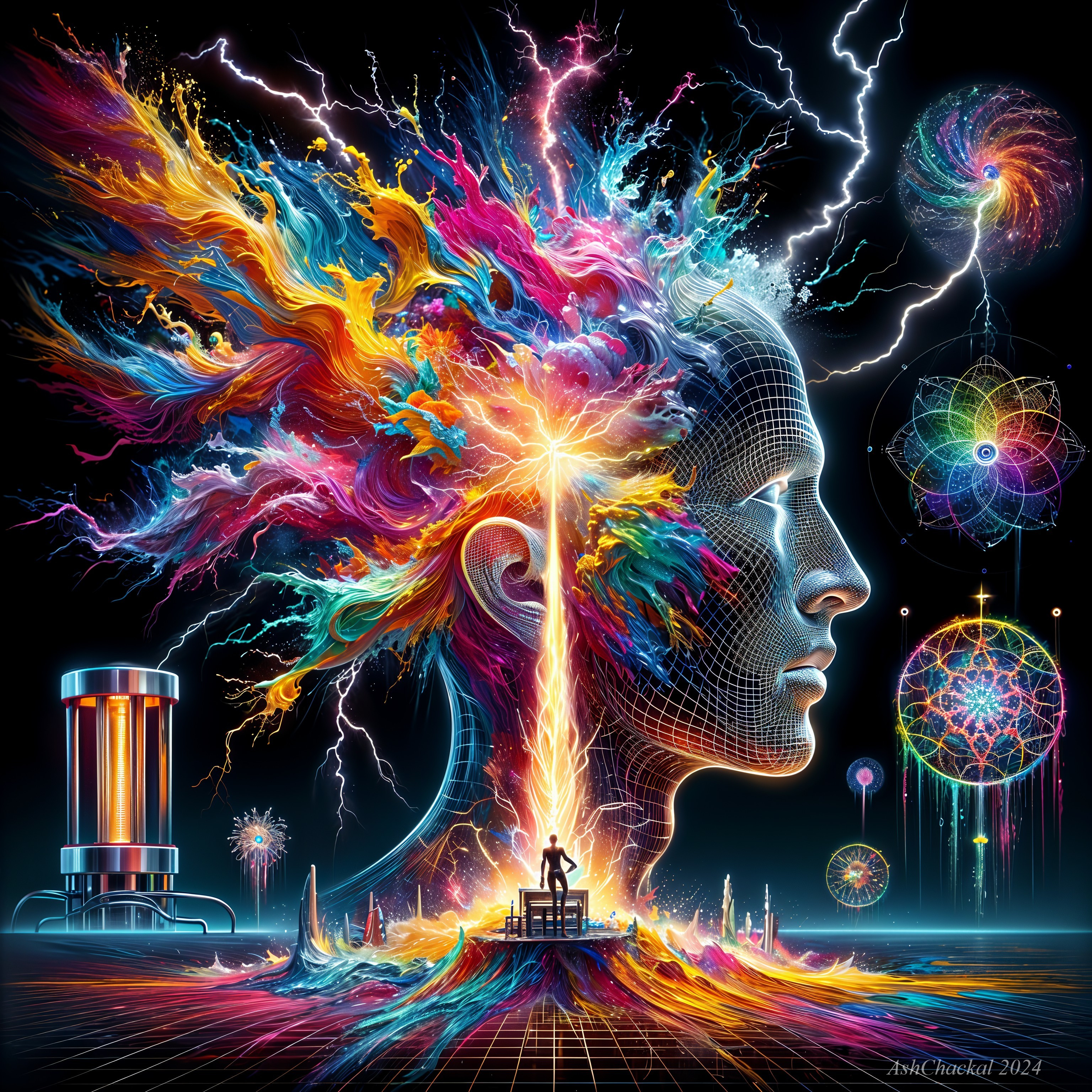Surreal Scene of Exploding Head and Cosmic Patterns