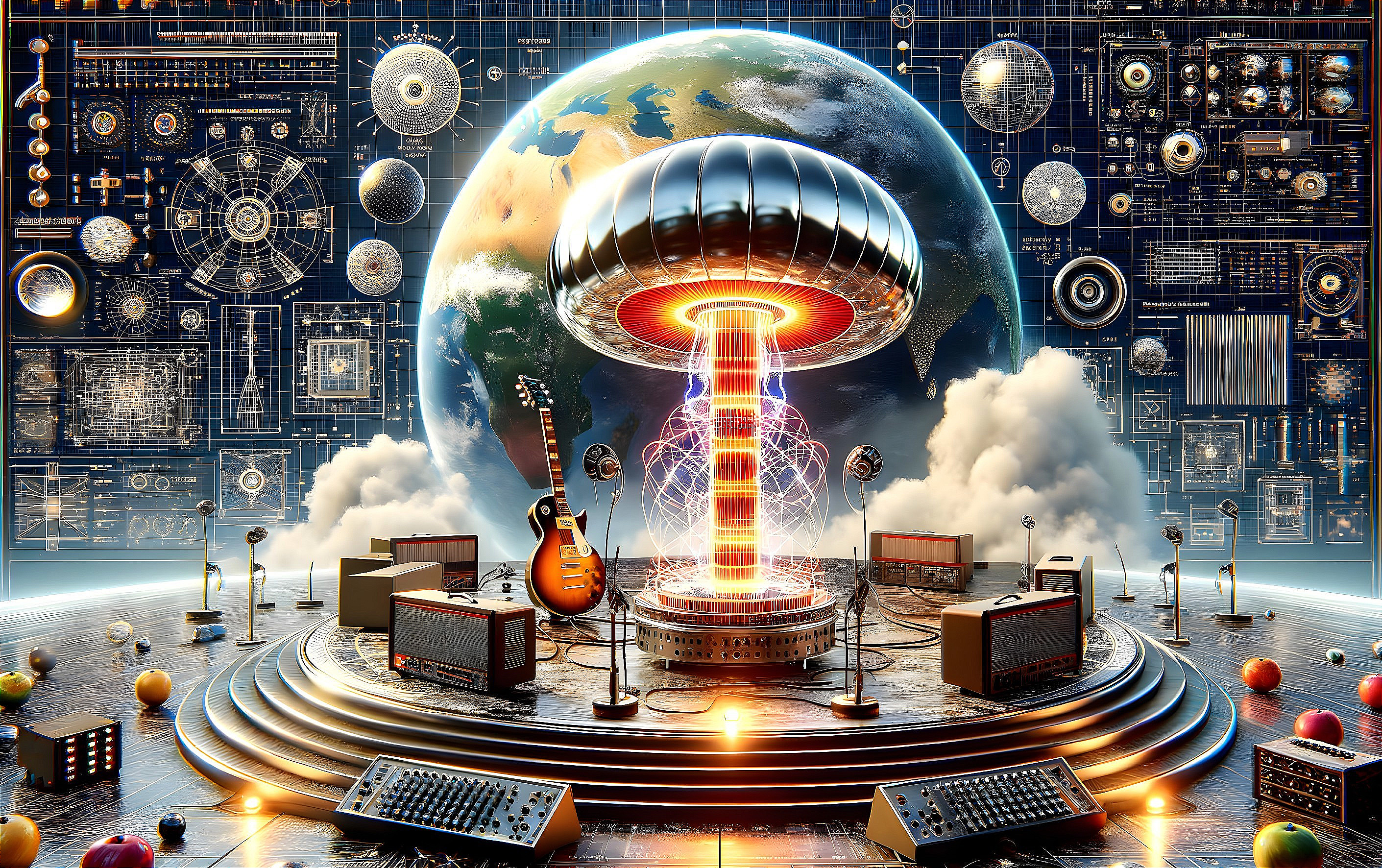 Futuristic scene with glowing Tesla coil and instruments