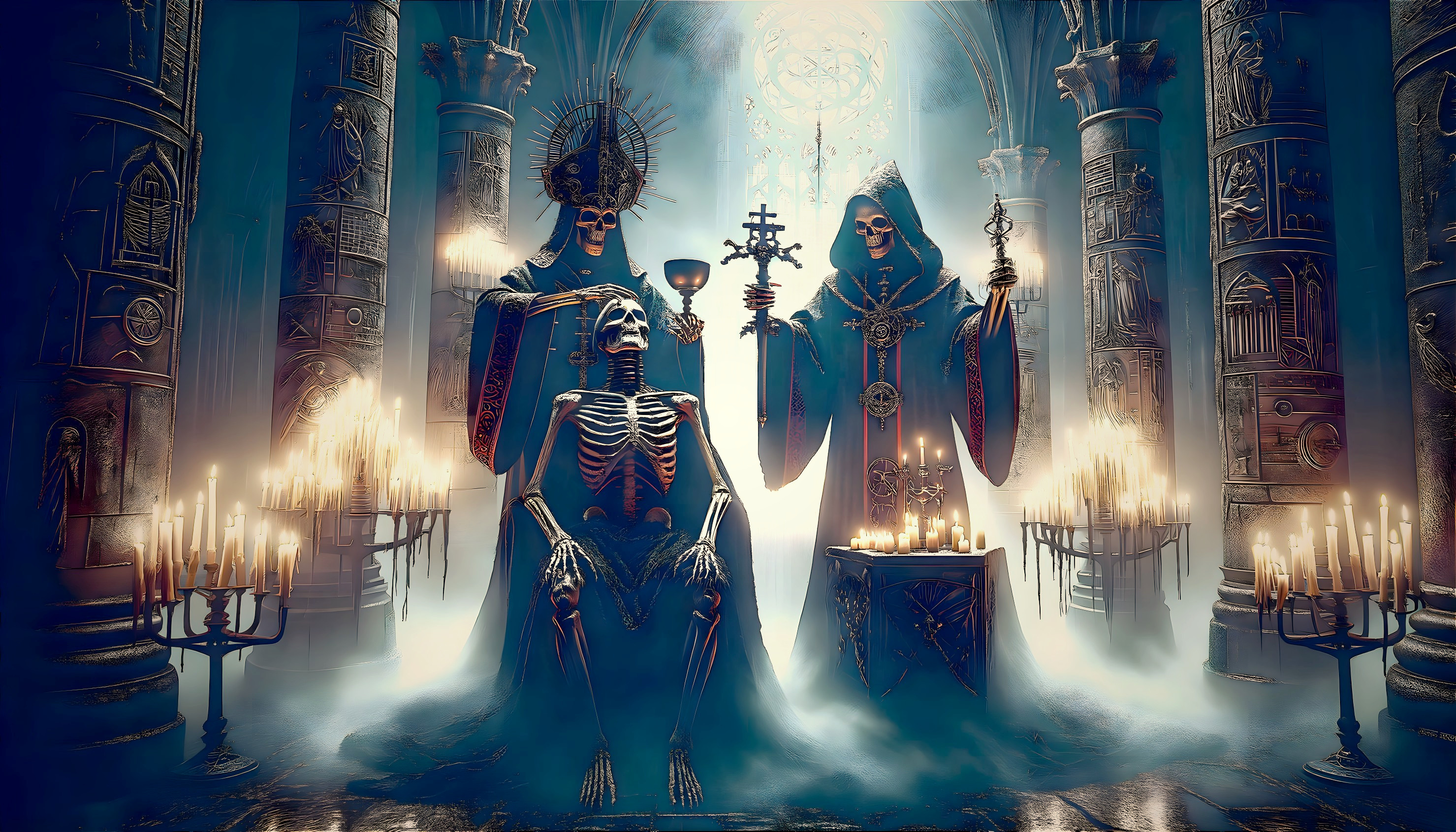 Skeletal figure on throne in gothic cathedral with cloaked figures