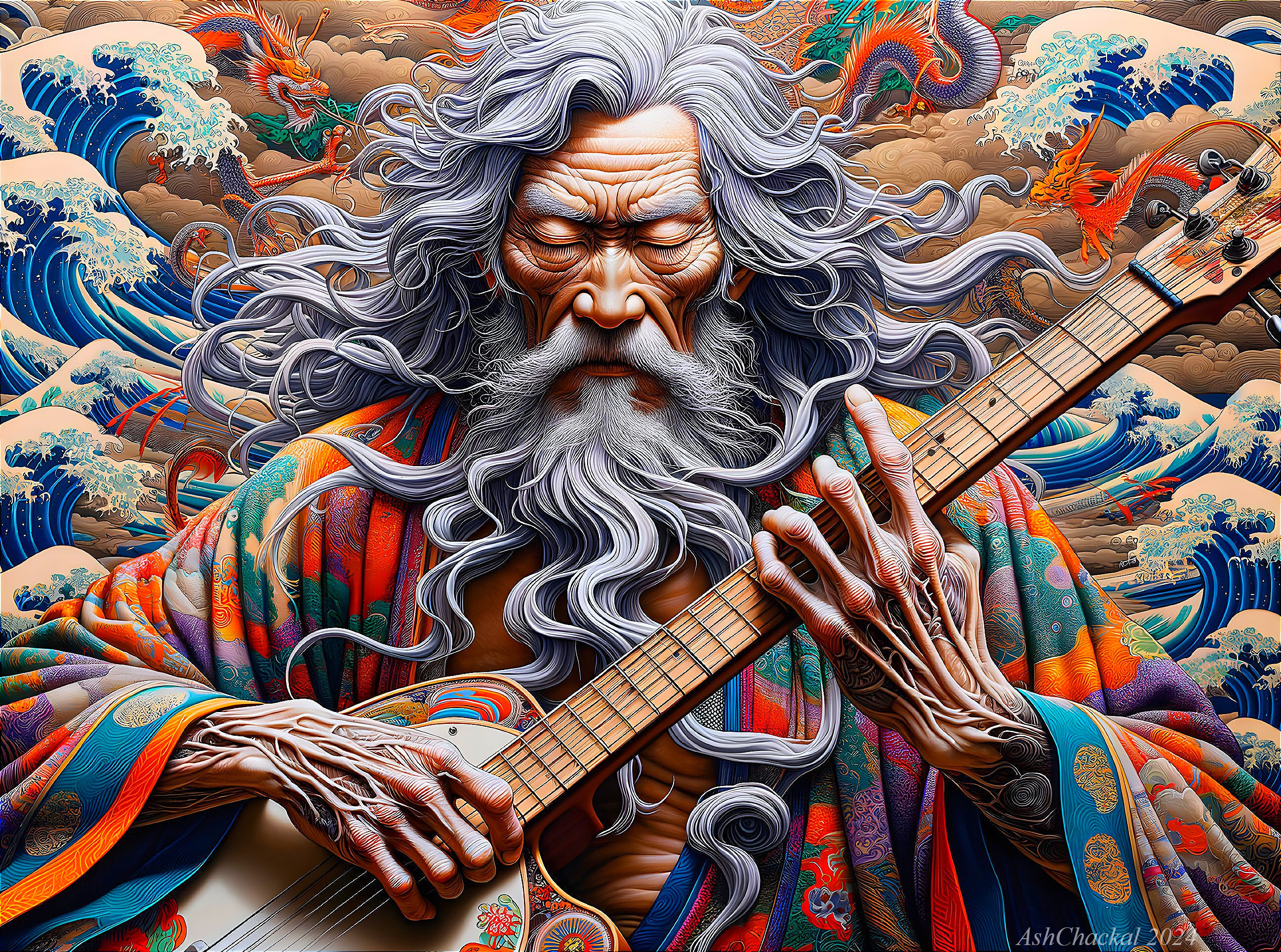 Elderly man playing string instrument in ornate robes