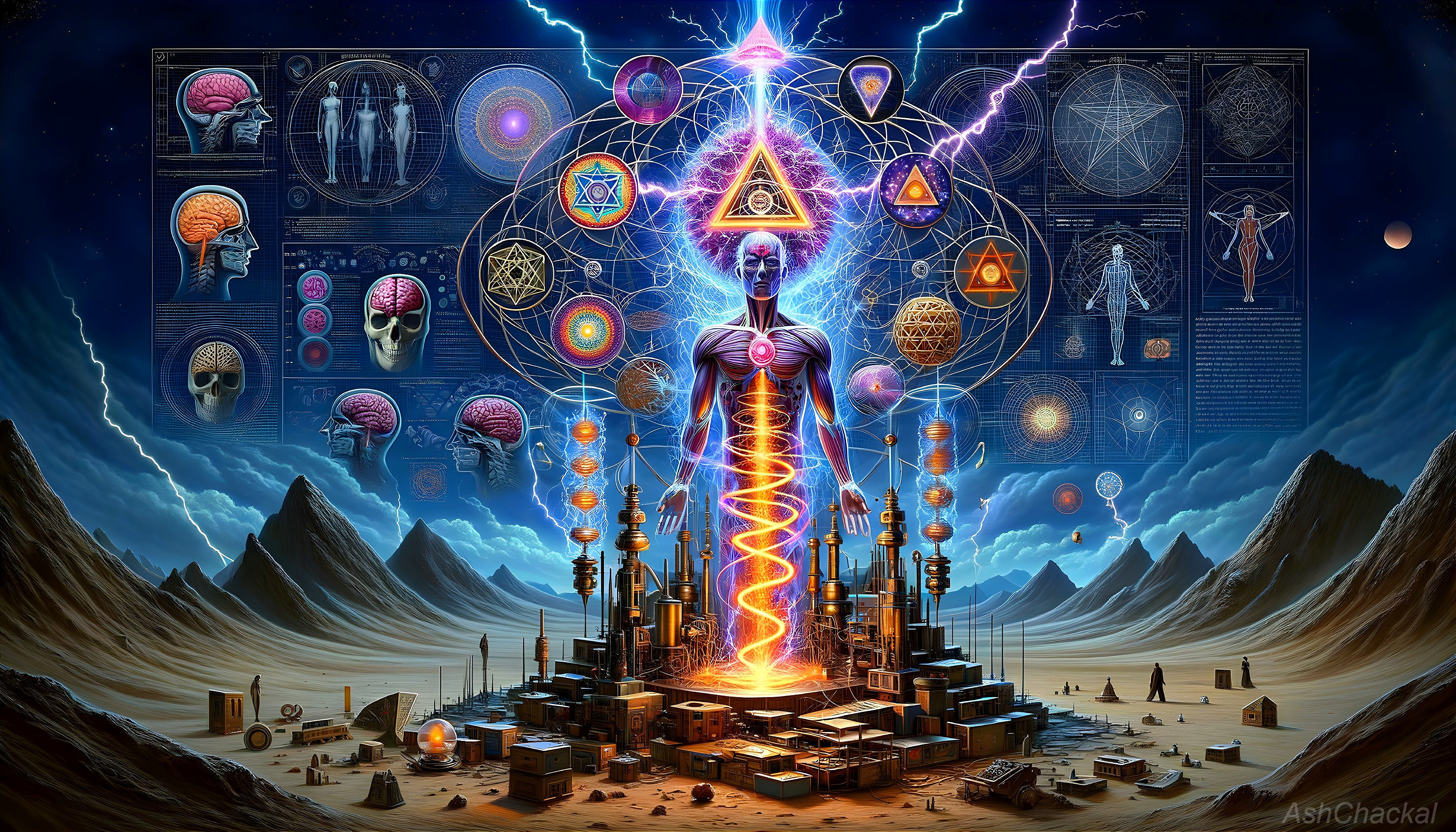 Futuristic sci-fi illustration: giant humanoid in cityscape.