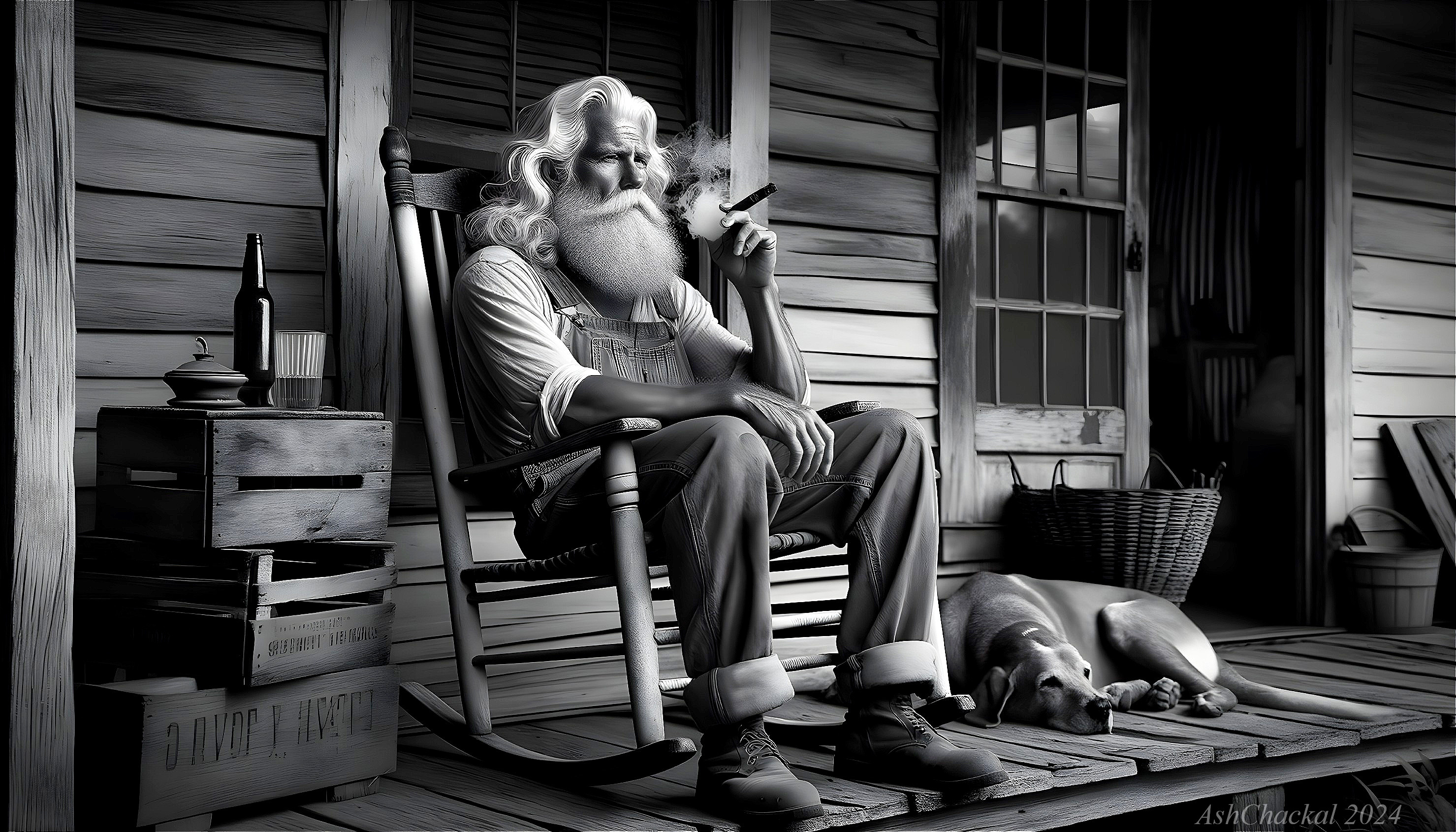 Elderly Man in Rocking Chair with Dog in Black and White